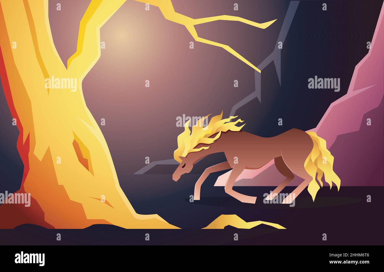 Magnifique cheval à cheveux longs Mare Kneel Golden Tree Jungle Fantasy Illustration Illustration de Vecteur