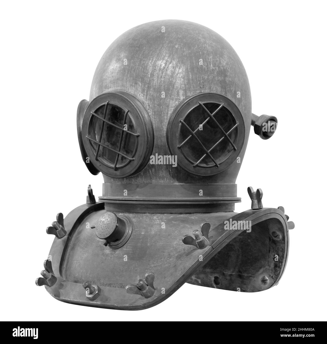 Ancien casque de plongée en métal ancien isolé sur fond blanc avec passe-cheveux Banque D'Images
