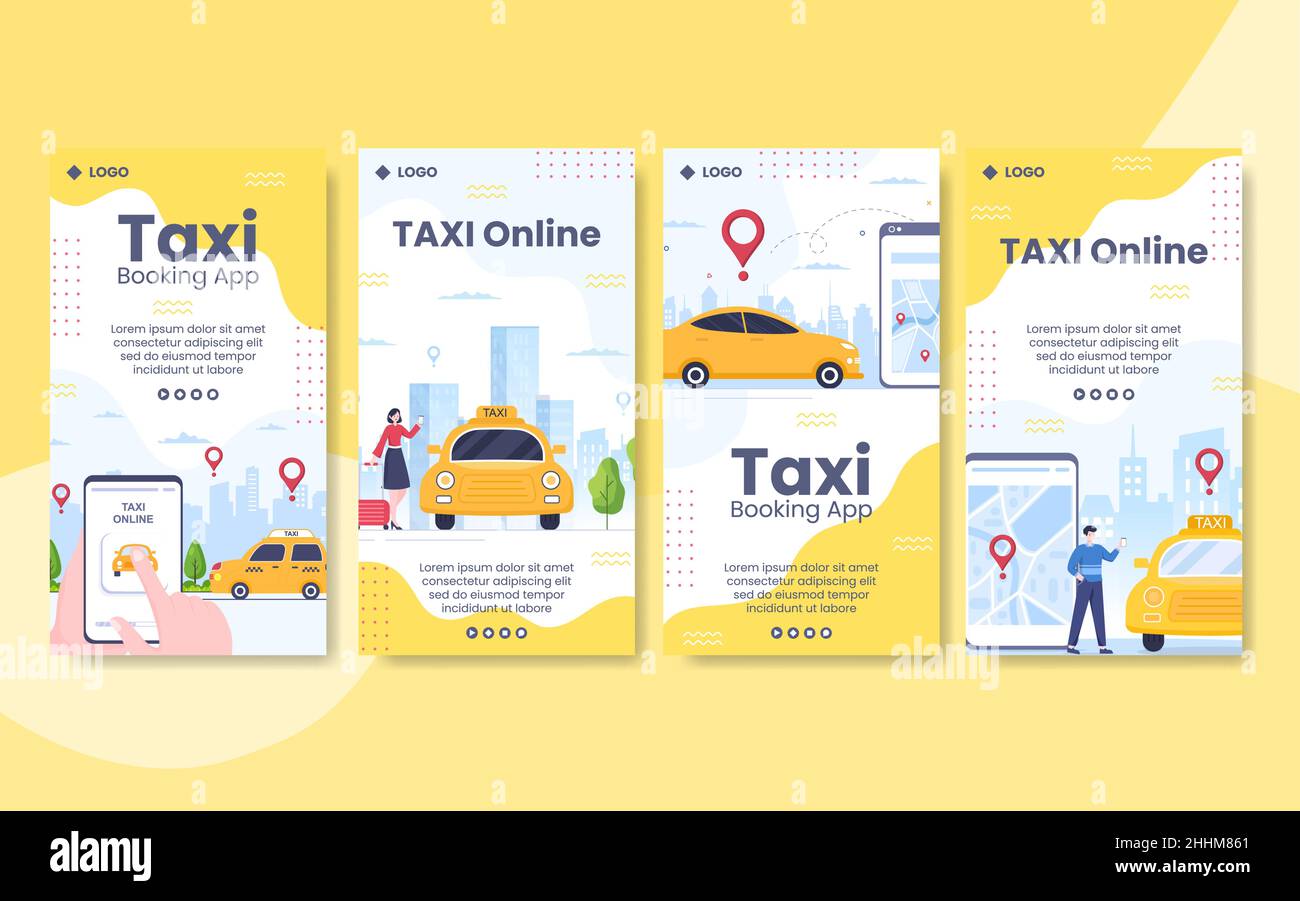 Modèle d'histoires de service de voyage de réservation de taxi en ligne Illustration plate modifiable de fond carré pour les médias sociaux ou Internet Web Illustration de Vecteur