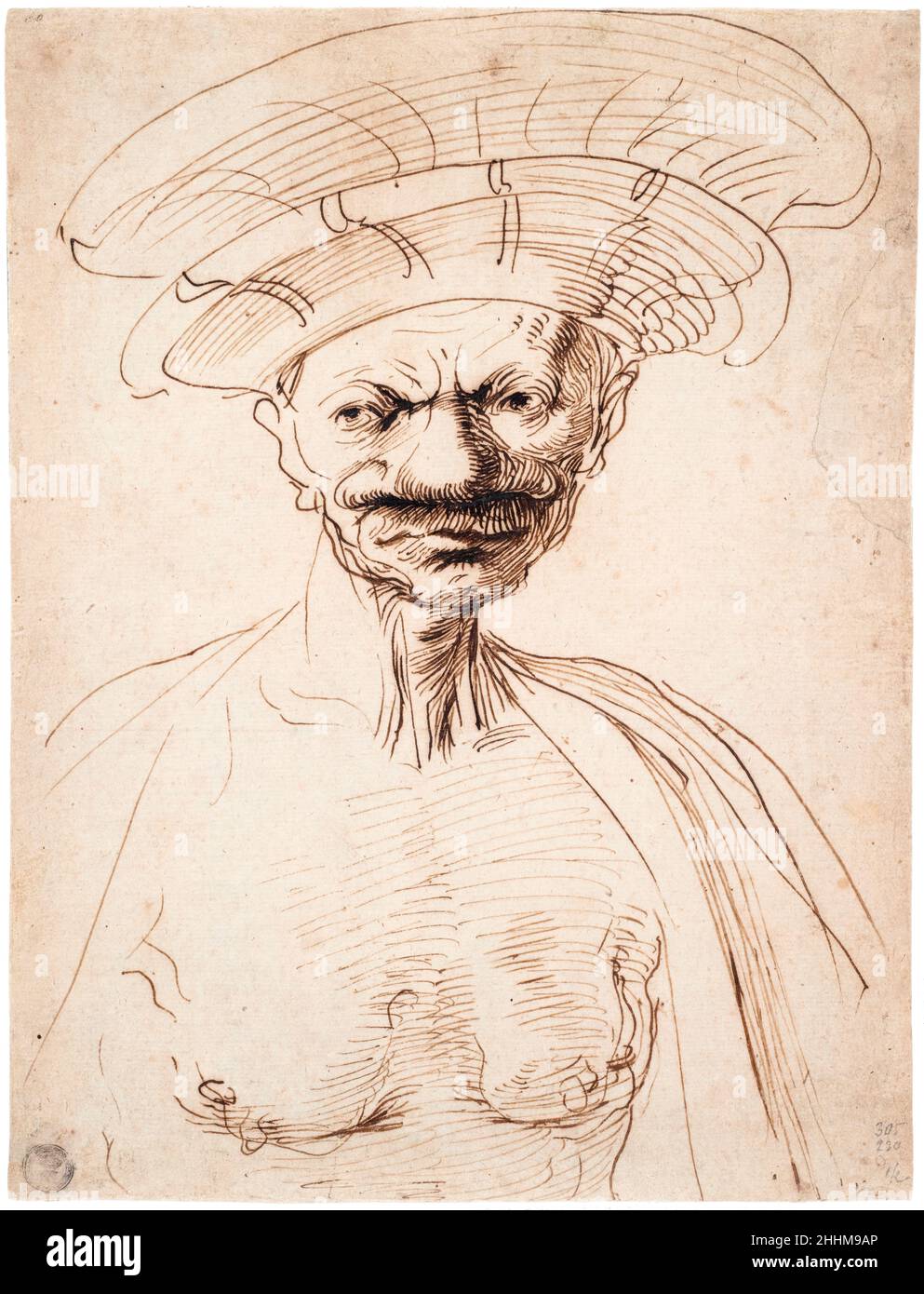 Homme portant un grand chapeau, caricature de Giovanni Francesco Barbieri (Guercino), 1630-1640 Banque D'Images