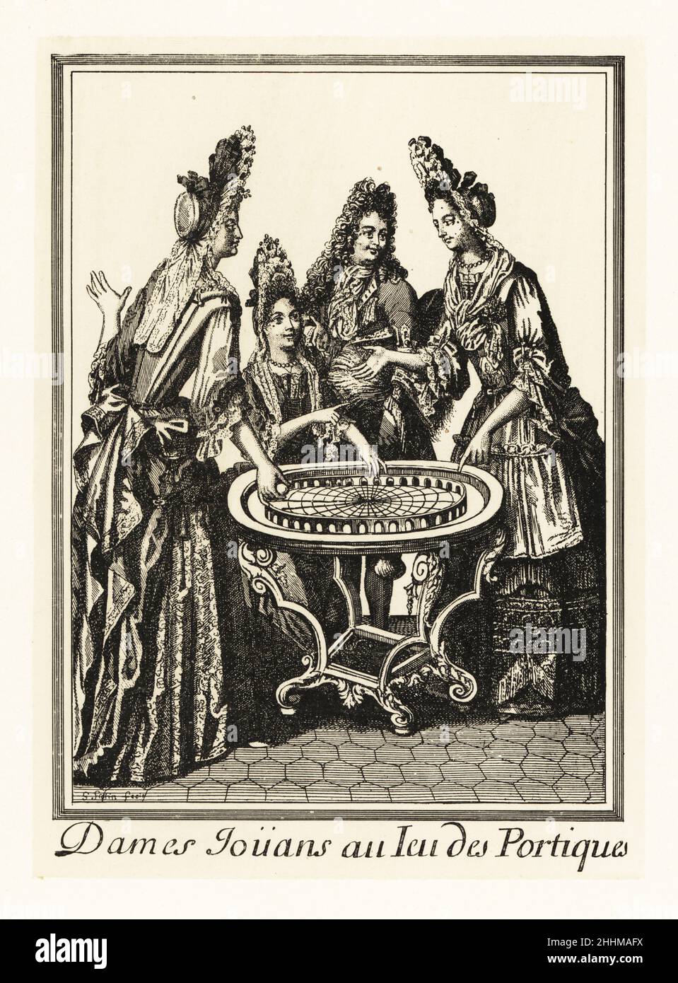 Dames jouant un jeu de bagatelle avec un fop, 17th siècle.Le jeu était également connu sous le nom de croc-madame ou trou-madame.Dames Jouans au jeu des Portiques.Lithographie d’après Gerard Scotina, de Henry René d’Allemagne, recréations et passe-temps, Jeux et passe-temps, Hachette, Paris, 1906. Banque D'Images