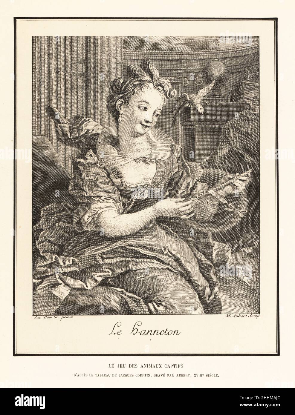 Femme taquinant un perroquet avec un cafchafer lié à un bâton, 18th siècle.Le jeu des animaux captifs.Le jeu des animaux de chapiteaux se présente au tableau de Jacques François Courtin, tombe par Aubert, XVIIIe siecle.Lithographie d’après une peinture de Jacques François Courtin de Henry Rene d’Allemagne, Creation et passe-temps, Jeux et passe-temps, Hachette, Paris, 1906. Banque D'Images
