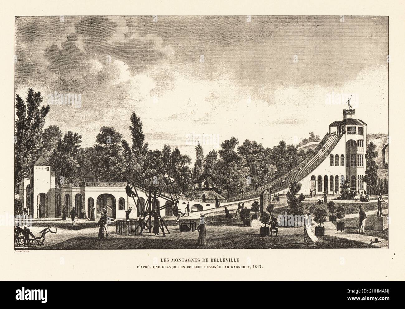 Vue sur les montagnes russes géantes de Belleville à Paris, en 1817.Les jardins de plaisir avaient aussi une grande roue et des balançoires.Les montagnes de Belleville.Une gravure en couleur dessinée par Garnerey, 1817.Lithographie de Henry Rene d’Allemagne’s recrécations et passe-temps, Jeux et passe-temps, Hachette, Paris, 1906. Banque D'Images