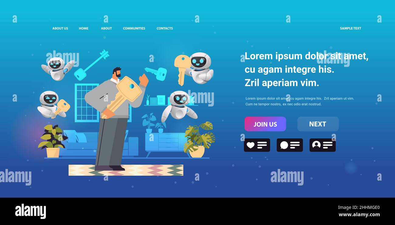 homme avec des robots helpers tenant une grande clé acheter ou louer une maison d'appartement ou voiture vente de véhicules immobiliers loyer Illustration de Vecteur