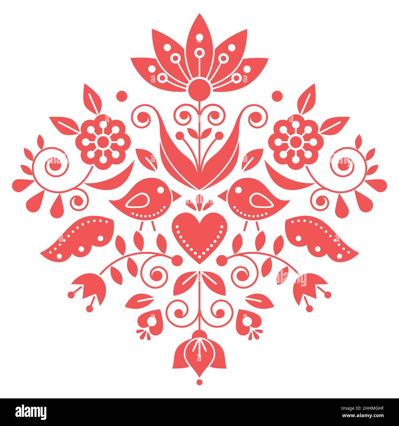 Dessin vectoriel d'art folklorique traditionnel scandianvien avec fleurs et oiseaux, inspiré par les motifs de broderie traditionnels de Suède en rouge fraise Illustration de Vecteur