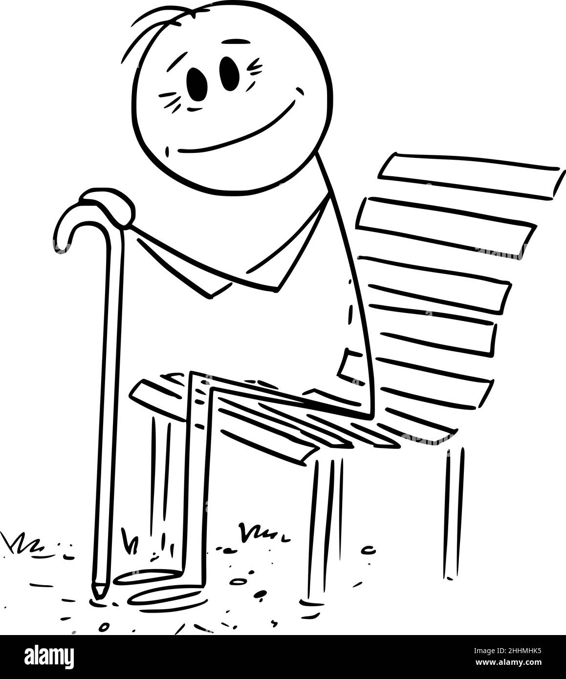 Vieille personne assise sur le banc de stationnement et souriant , figurine Vector Cartoon Stick Illustration de Vecteur