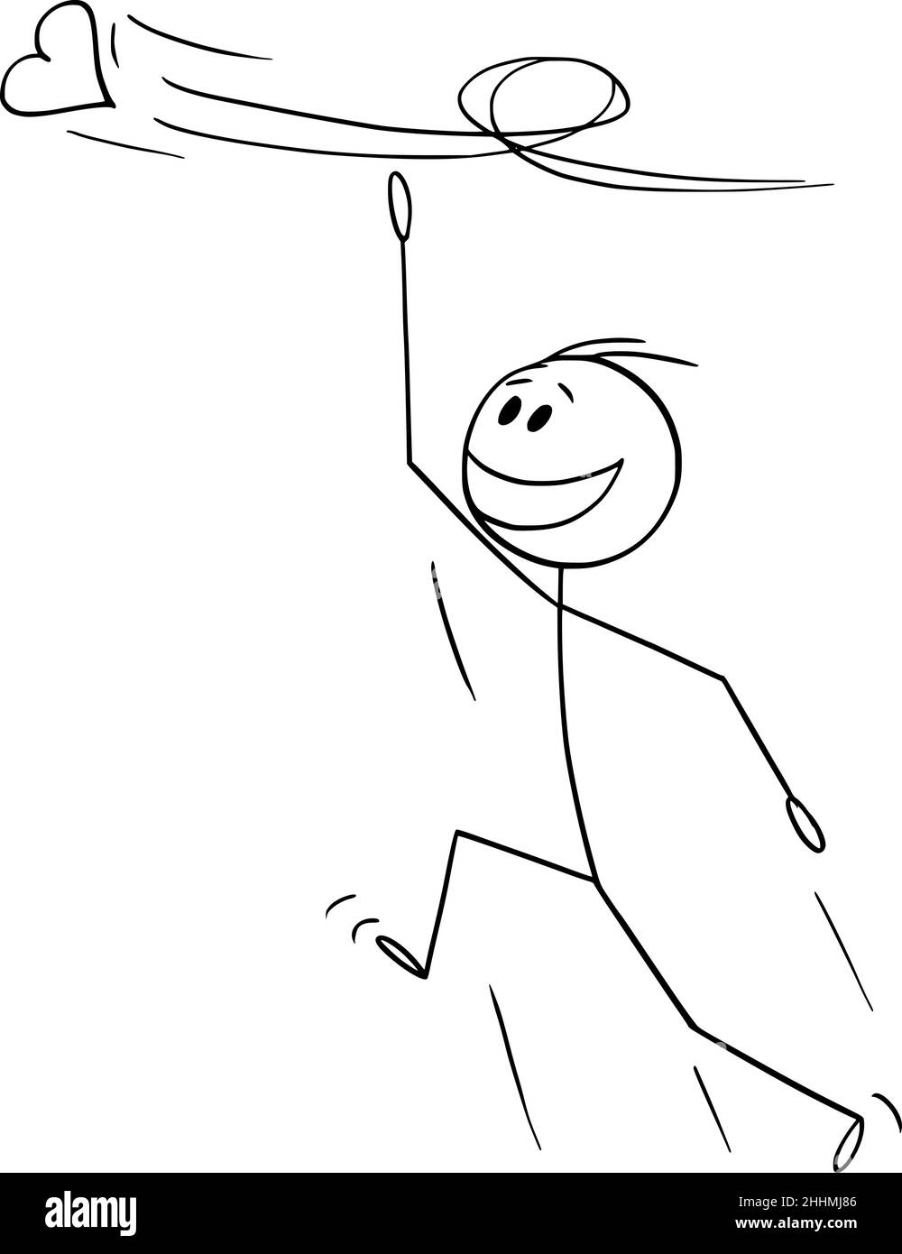 Happy Person chassant le coeur volant pour obtenir l'amour , Vector Cartoon Stick Figure Illustration Illustration de Vecteur