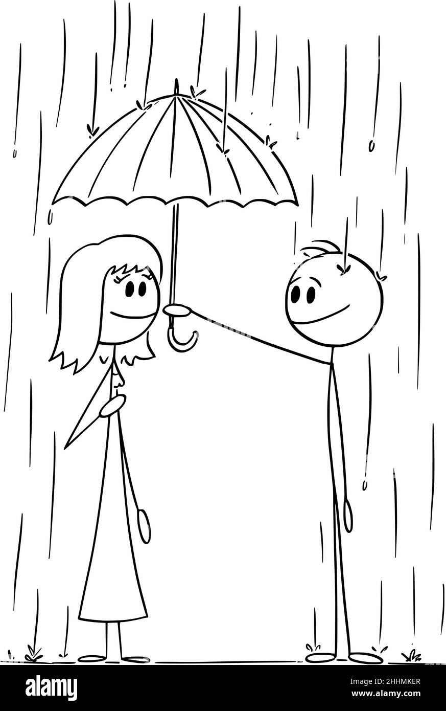 Gentilhomme avec parapluie aide la femme dans la pluie , Vector Cartoon Stick Figure Illustration Illustration de Vecteur