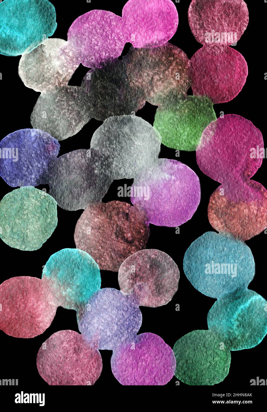 Motif puéril.Fête anniversaire célébration fond.Aquarelle fêtes confetti cercles dans le style de memphis, bulles sur noir.Design pour fonds d'écran, emballage, papier d'emballage. Banque D'Images