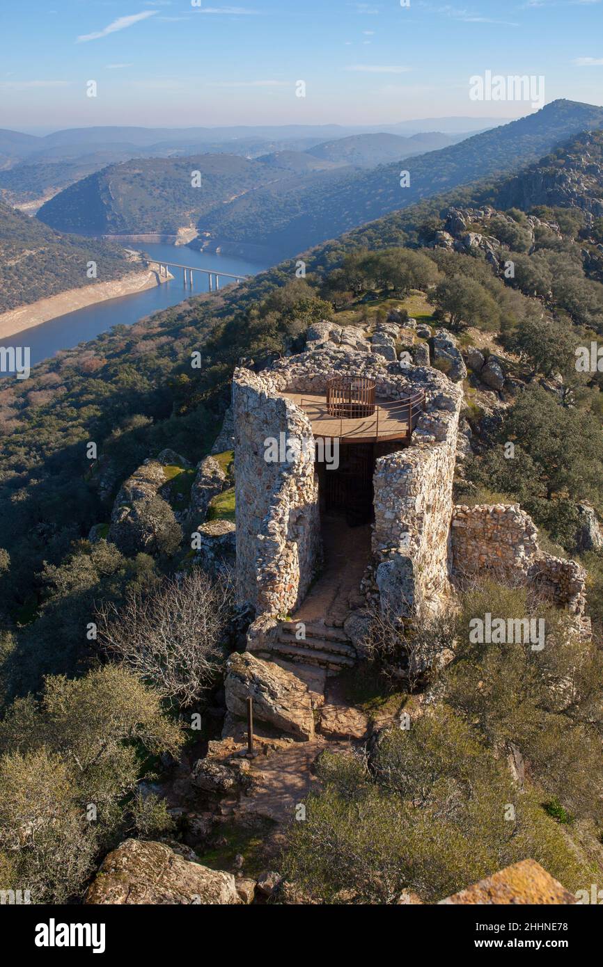 Parc national de Monfrague, Caceres, Estrémadure, Espagne.Vue d'ensemble du château Banque D'Images