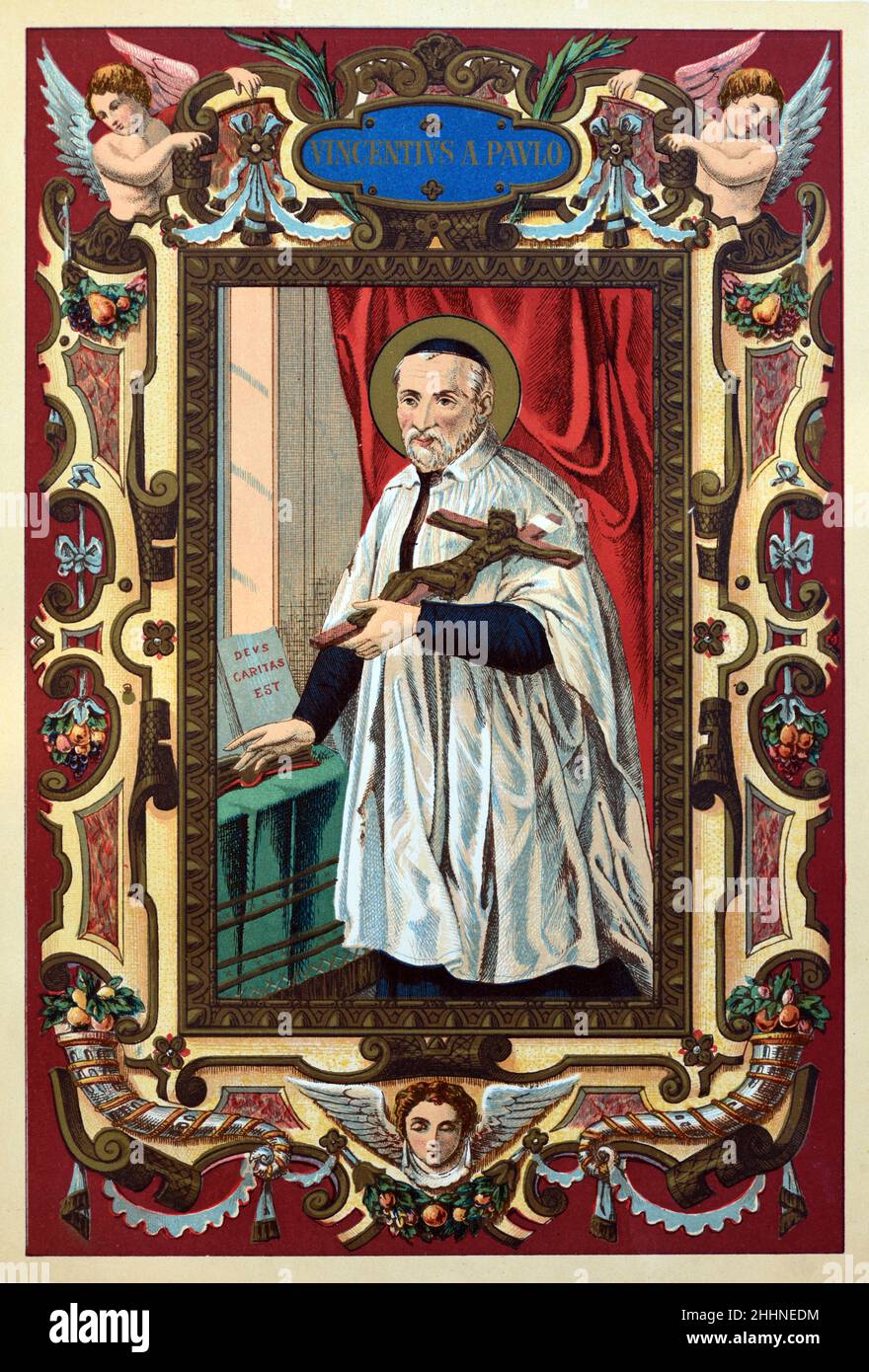 Saint Vincent de Paul (1581-1660) prêtre catholique français.Chromolithographe de l'édition 1887 de la vie des saints de Butler. Banque D'Images