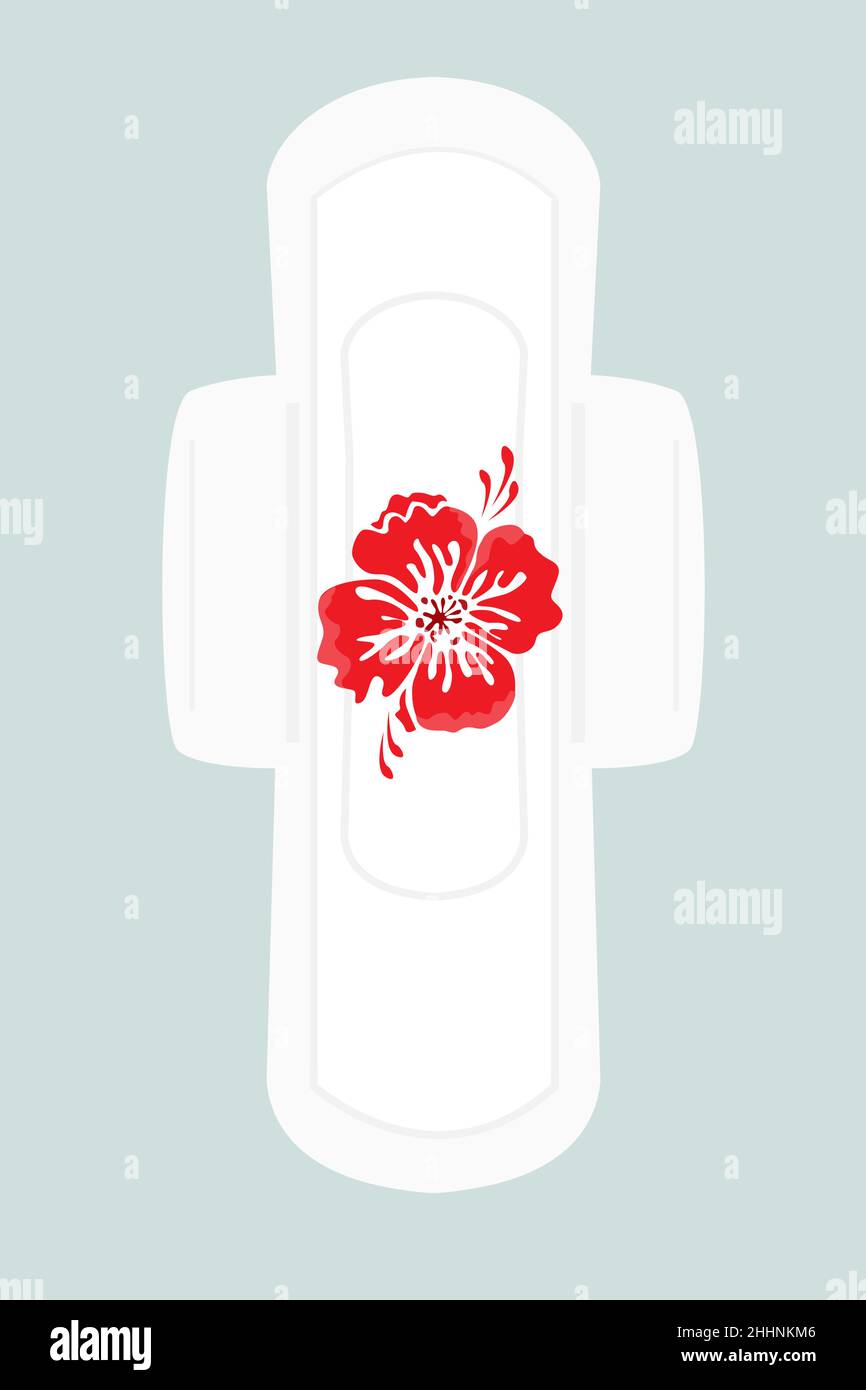 Tampon sanitaire femelle avec symbole de fleur de sang rouge.Serviette de table de menstruation, symbole de la période de la femme.Illustration vectorielle plate isolée sur fond rose Illustration de Vecteur