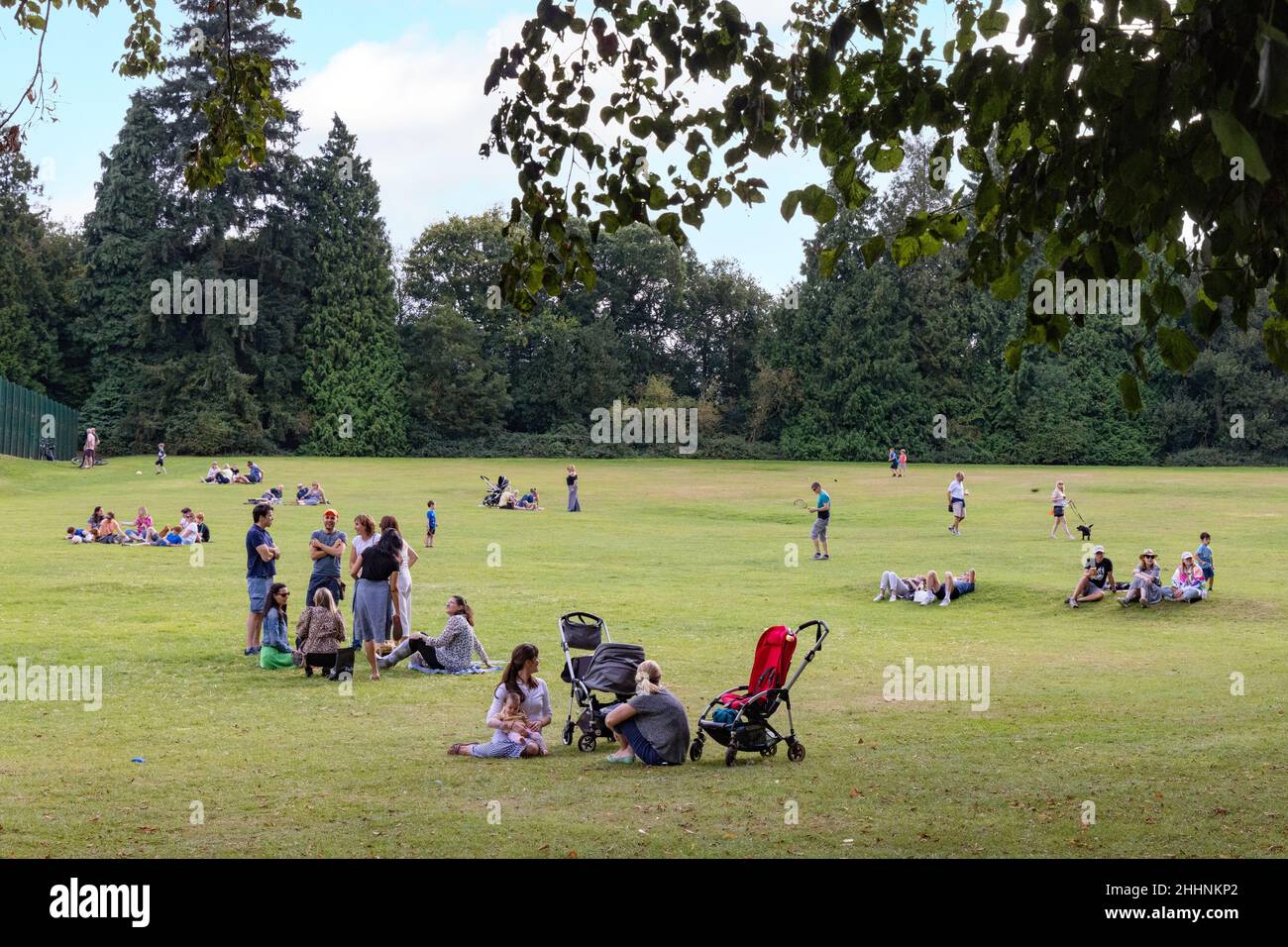 Harpenden Common, Harpenden, Hertfordshire Royaume-Uni; personnes assises dans le parc en été, centre-ville de Harpenden, Angleterre Royaume-Uni Banque D'Images