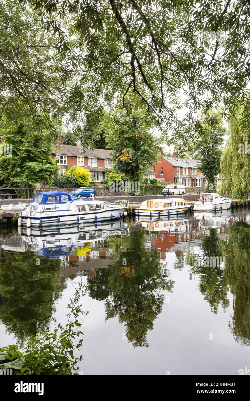 La rivière Wensum, avec des bateaux et des maisons dans le centre-ville de Norwich en été, Norwich Norfolk UK Banque D'Images