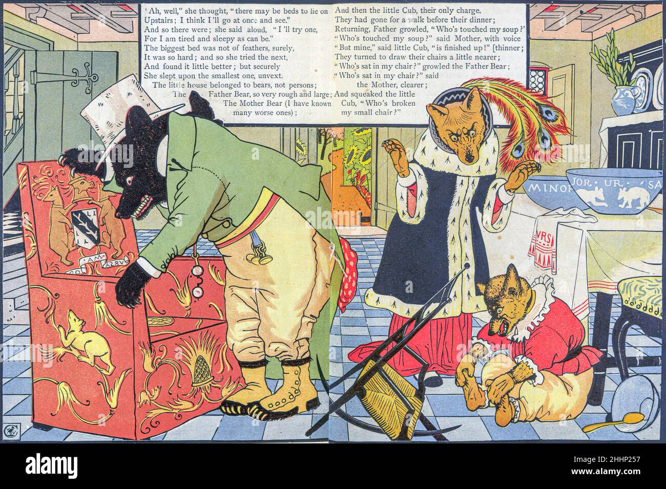 Les trois ours illustrés par Walter Crane 1873.Publié à Londres par George Routledge and Sons.'Goldilocks and the Three Bears' (à l'origine intitulé 'The Story of the Three Bears') est un conte de fées britannique de 19th siècles dont trois versions existent.La version originale de l'histoire raconte une vieille femme pas-si-polie qui entre dans la maison de forêt de trois Bachelor Bears pendant qu'ils sont loin.Elle s'assoit dans leurs chaises, mange une partie de leur soupe, s'assoit sur l'une de leurs chaises et la casse, et dort dans un de leurs lits.Quand les ours reviennent et la découvrent, elle se réveille, saute du vent Banque D'Images