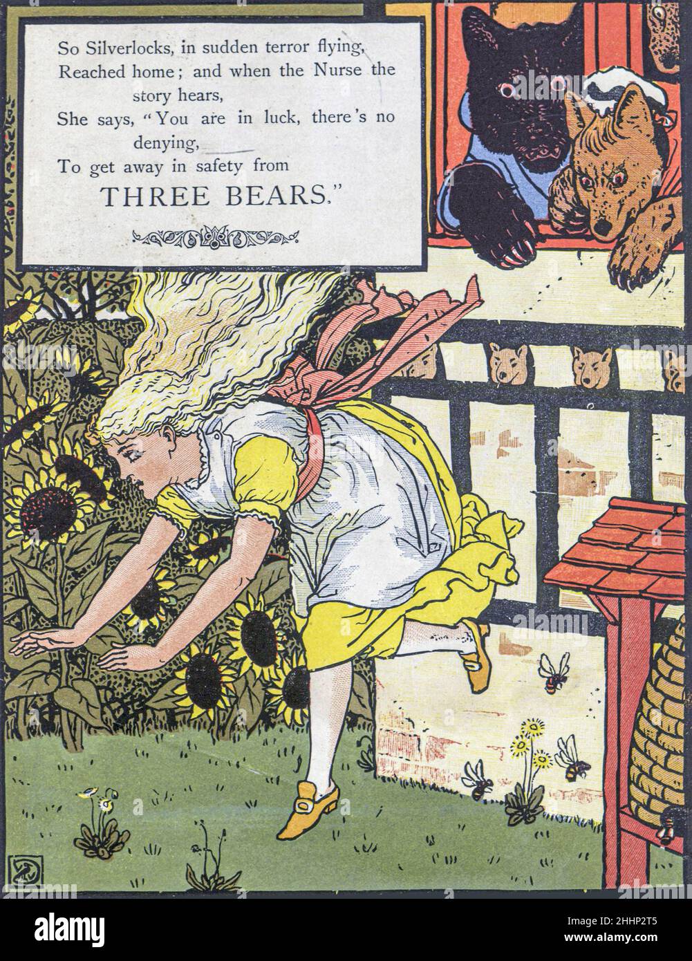 Les trois ours illustrés par Walter Crane 1873.Publié à Londres par George Routledge and Sons.'Goldilocks and the Three Bears' (à l'origine intitulé 'The Story of the Three Bears') est un conte de fées britannique de 19th siècles dont trois versions existent.La version originale de l'histoire raconte une vieille femme pas-si-polie qui entre dans la maison de forêt de trois Bachelor Bears pendant qu'ils sont loin.Elle s'assoit dans leurs chaises, mange une partie de leur soupe, s'assoit sur l'une de leurs chaises et la casse, et dort dans un de leurs lits.Quand les ours reviennent et la découvrent, elle se réveille, saute du vent Banque D'Images