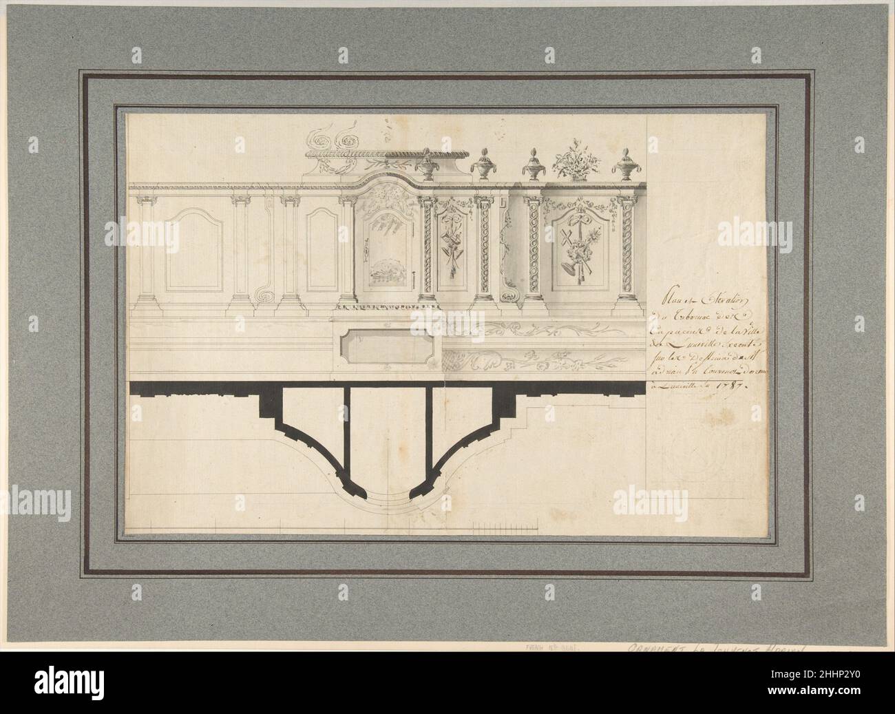 Plan et élévation du Capuchin Tabernacle de Luneville 1787 Adrian la Touvenot Français.Plan et élévation du Capuchin Tabernacle de Luneville.Adrian la Touvenot (français, actif 1787).1787. Stylo et encre noire, pinceau et gris laver sur le sous-dessin en graphite. Banque D'Images