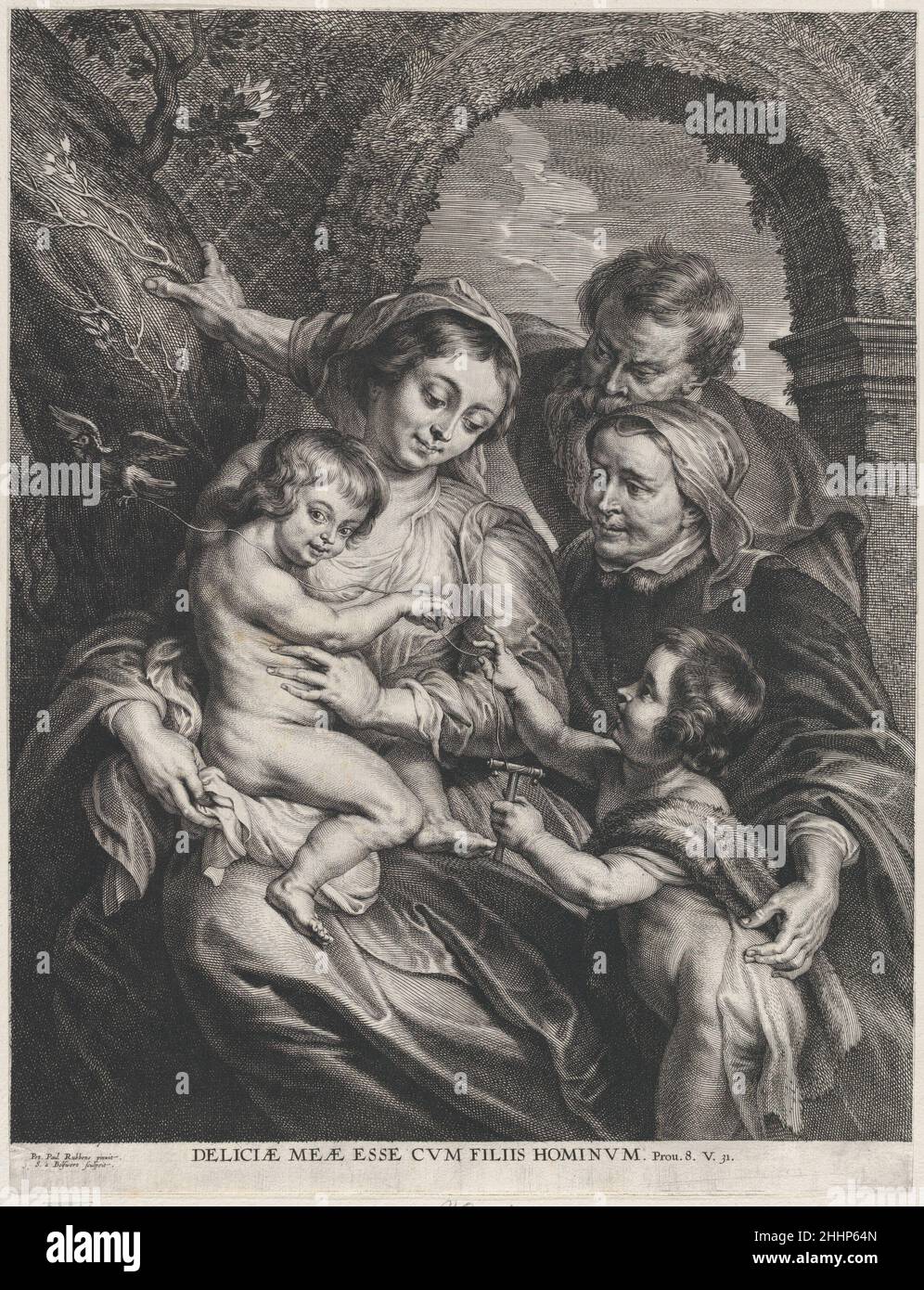 La Sainte famille avec Saint Elizabeth et le bébé Saint Jean-Baptiste, tenant un orfèvres sur une corde ca.1600–59 Schelte Adams à Bolswert.La Sainte famille avec Saint Elizabeth et le bébé Saint Jean-Baptiste, tenant un orfèvres sur une corde.Schelte Adams à Bolswert (néerlandais, Bolsward 1581–1659 Anvers). Env.1600–59.Gravure; premier état de deux.Imprime Banque D'Images