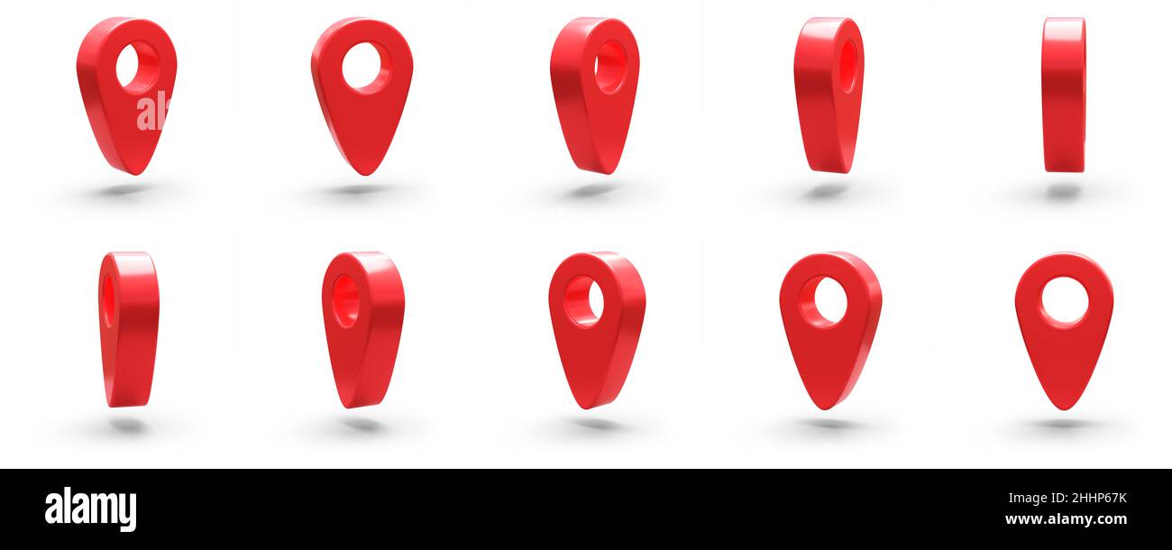 10 versions différentes d'une broche d'emplacement rouge avec une rotation de l'ombre par pas de 18 degrés.Tous isolés sur blanc Banque D'Images