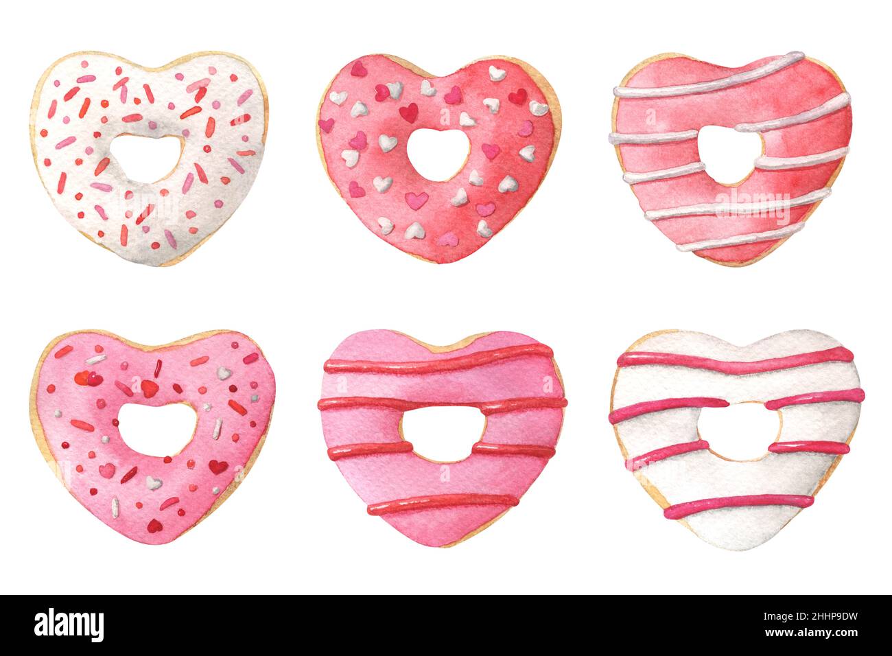 Ensemble de beignes aquarelle en forme de coeur Banque D'Images