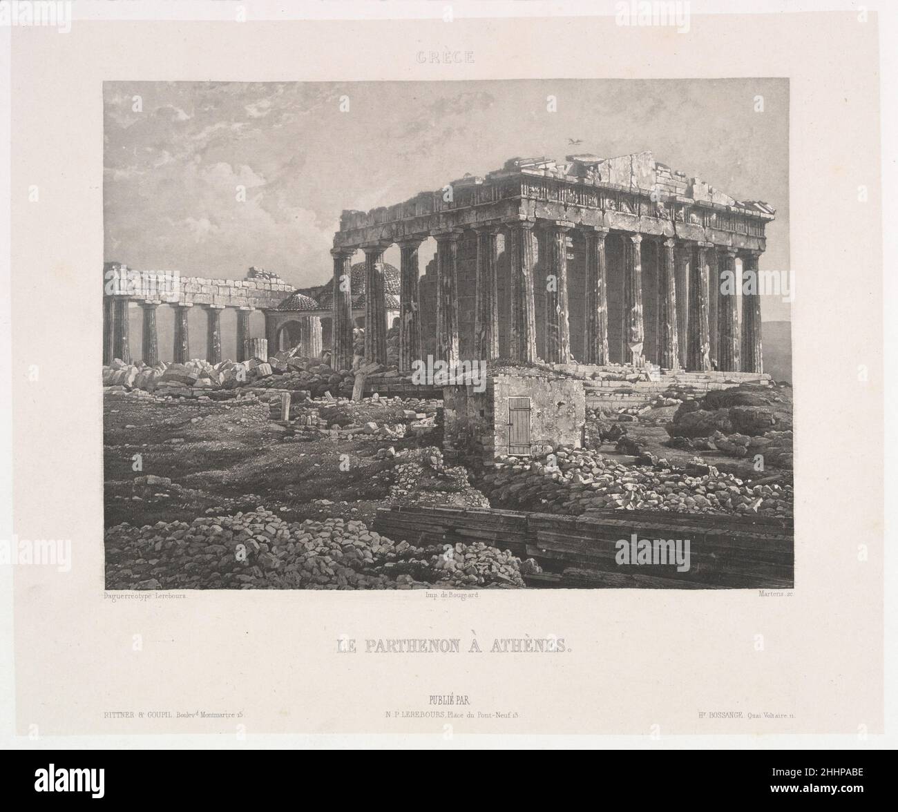 Excursions Daguerriennes.Mardi et monuments les plus marquables du globe 1840s Noël-Marie-Paymal Lerebours Français avant l'essor de la photographie papier en 1850s, les artistes se sont appuyés sur des publications illustrées pour reproduire des vues uniques de daguerréotype.Girault connaissait la plus ambitieuse de ces publications, les excursions daguerriennes de Noël-Paymal Lerebours, qui parurent pour la première fois en 1840.Lerebours a commandé et acquis des daguerréotypes du monde entier.L'entrepreneur né en Suisse Joly a contribué à la première photographie du Parthénon, faite en octobre 1839, notant que "chaque yea Banque D'Images