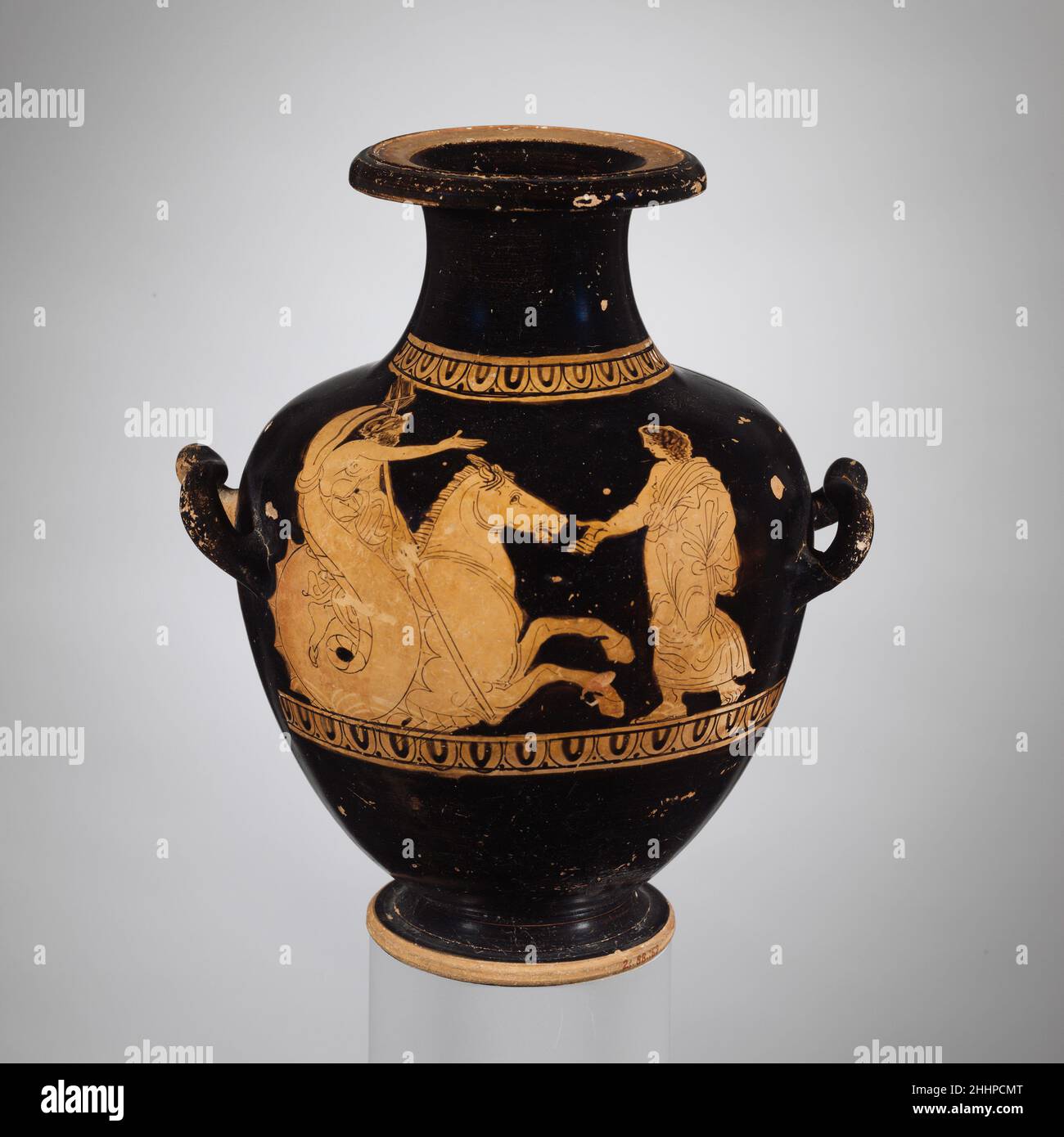 Hydrie de terre cuite: Kalpis (vase d'eau) 1st quart du siècle 4th av.  J.-C. grec, Attique Poséidon à cheval de mer et un youthCe vase insupposi  présente les deux protagonistes dans l'un