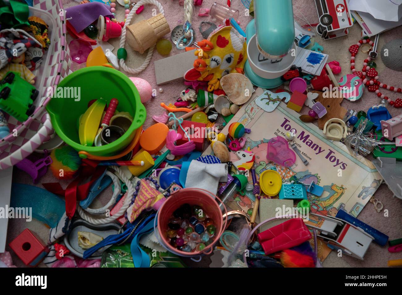 Divers jouets pour petits enfants assortis sur un tapis et un livre intitulé « trop de jouets » Banque D'Images