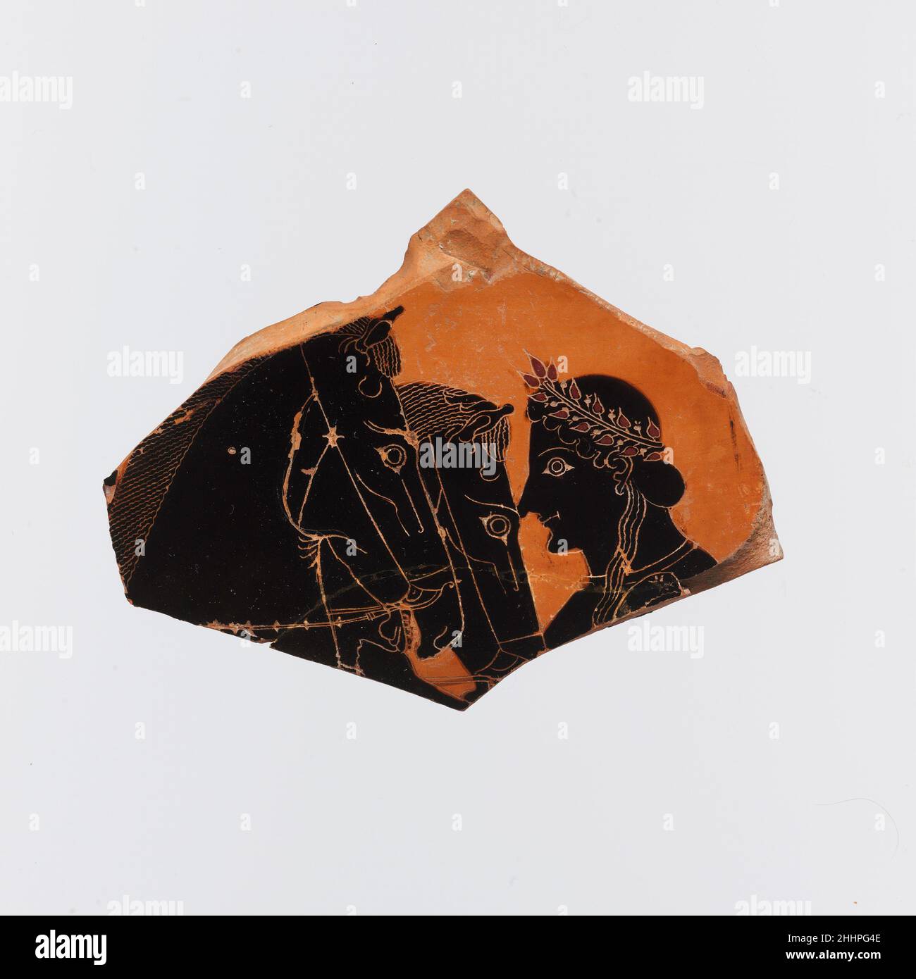 Fragment d'une amphore en terre cuite (bocal) ca.540–530 C.-B. attribué peut-être au peintre du Vatican 365 les jeunes tentesLa composition dont cela fait partie aurait été une scène de mise en scène.Fragment d'une amphore en terre cuite (bocal) 251007 : attribué éventuellement au peintre du Vatican 365, fragment d'une amphore en terre cuite (bocal), ca.540?530 C.-B., terre cuite, total: 3 7/16 x 5 1/16in.(8,7 x 12,9cm).Metropolitan Museum of Art, New York.Fonds Rogers, 1920 (20,259) Banque D'Images