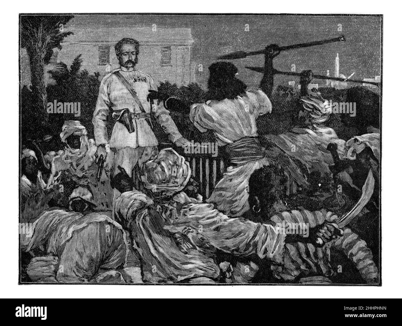 Illustration en noir et blanc; la mort du général Gordon à Khartoum, Égypte, 26 janvier 1885 Banque D'Images