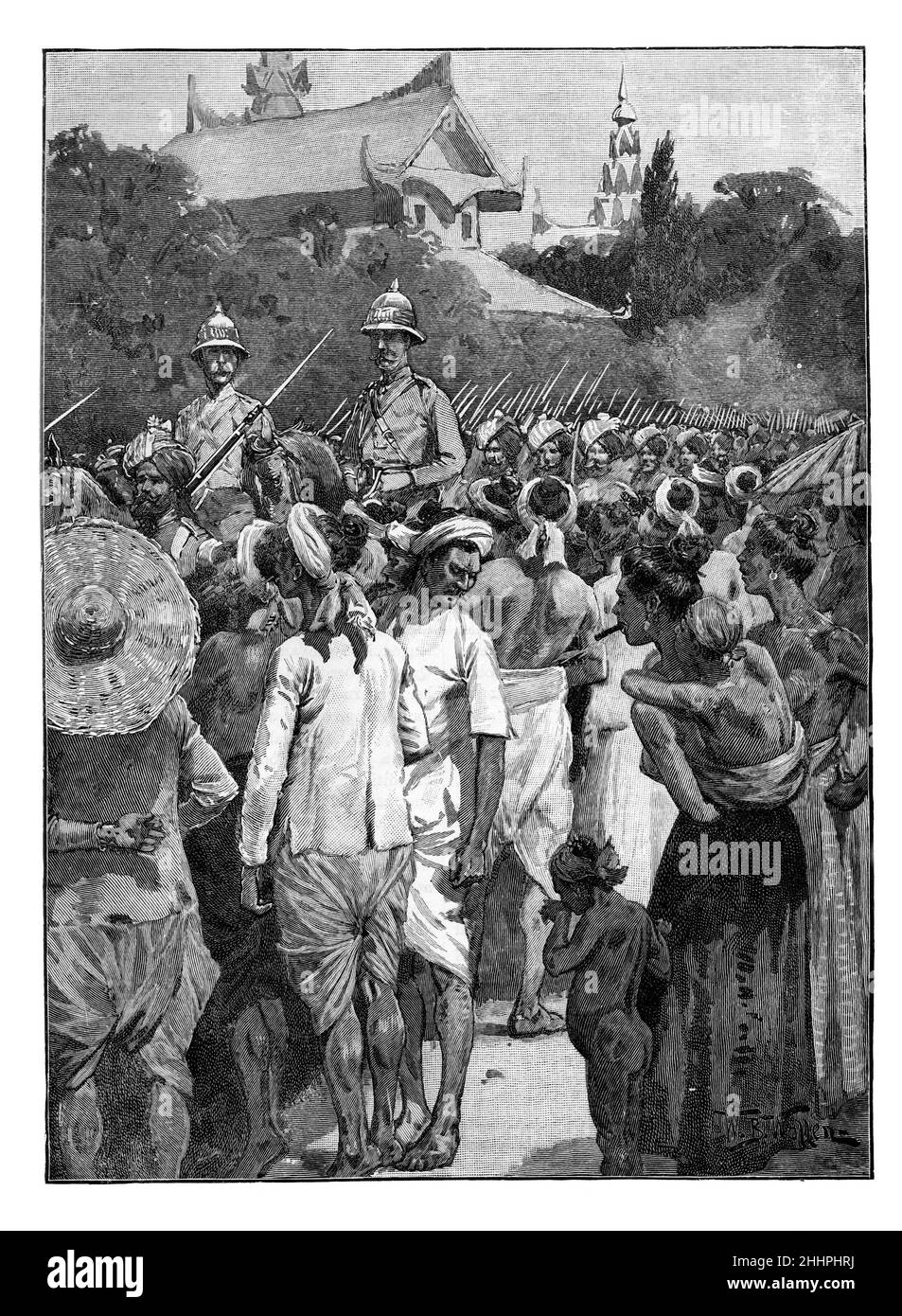 Illustration en noir et blanc; les forces britanniques entrent à Mandalay, Birmanie, le 28th novembre 1885 Banque D'Images