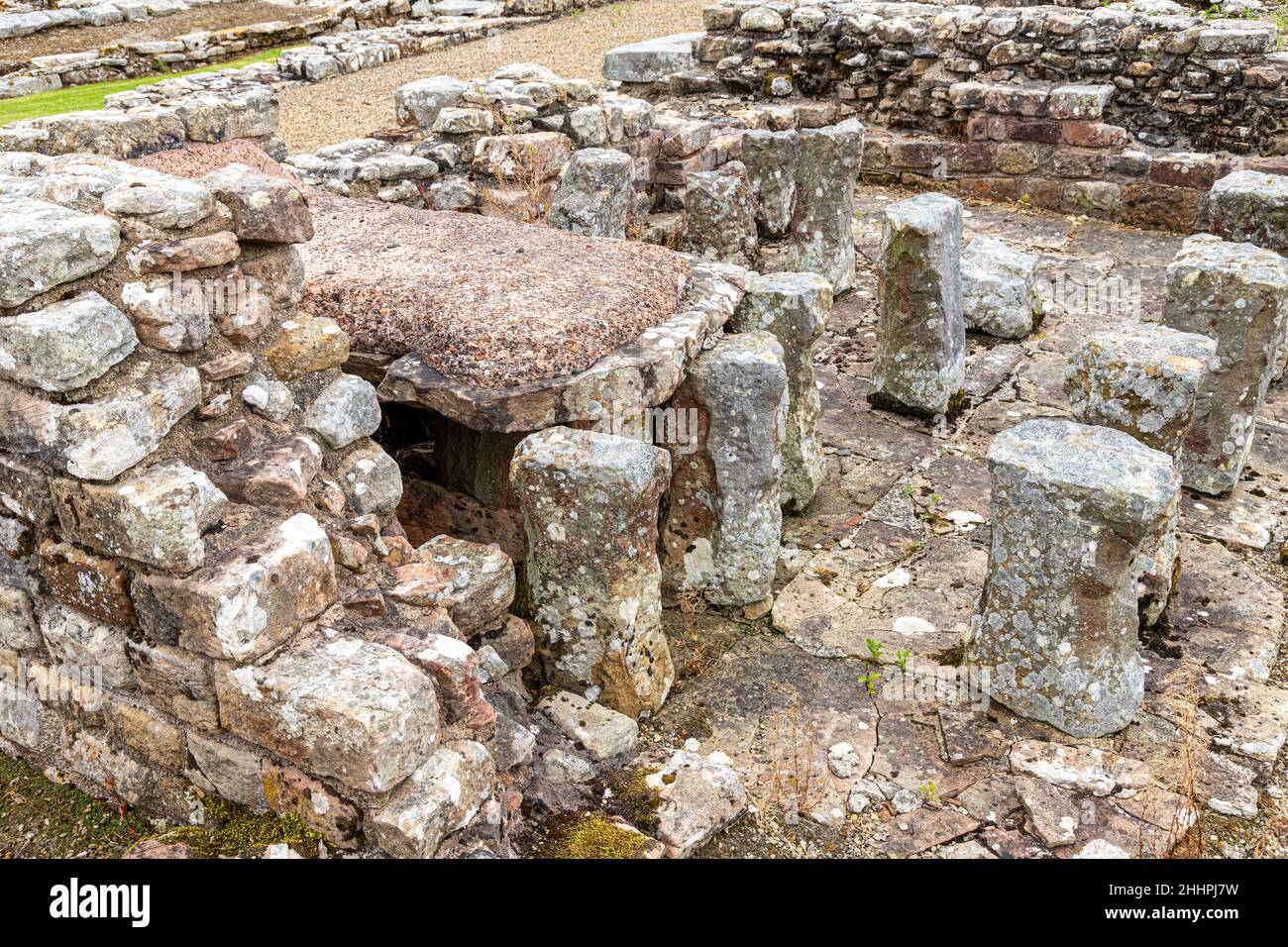 Système de chauffage par hyposource sous plancher dans les ruines du fort auxiliaire romain de Vindolanda à Chesterholm, Northumberland, Royaume-Uni Banque D'Images