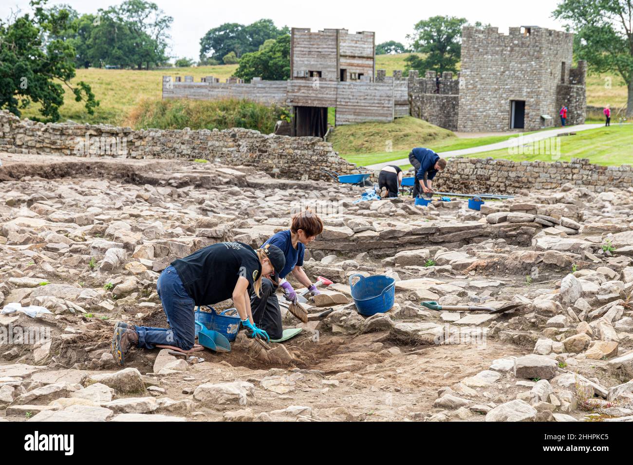 Archéologues creusant au fort auxiliaire romain de Vindolanda à Chesterholm, Northumberland, Royaume-Uni Banque D'Images
