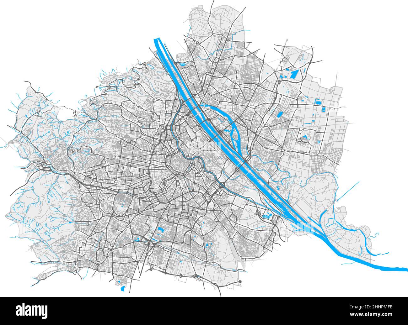 Vienne, Autriche carte vectorielle haute résolution avec limites de la ville et chemins modifiables.Contours blancs pour les routes principales.Beaucoup de chemins détaillés.Le bleu forme un Illustration de Vecteur