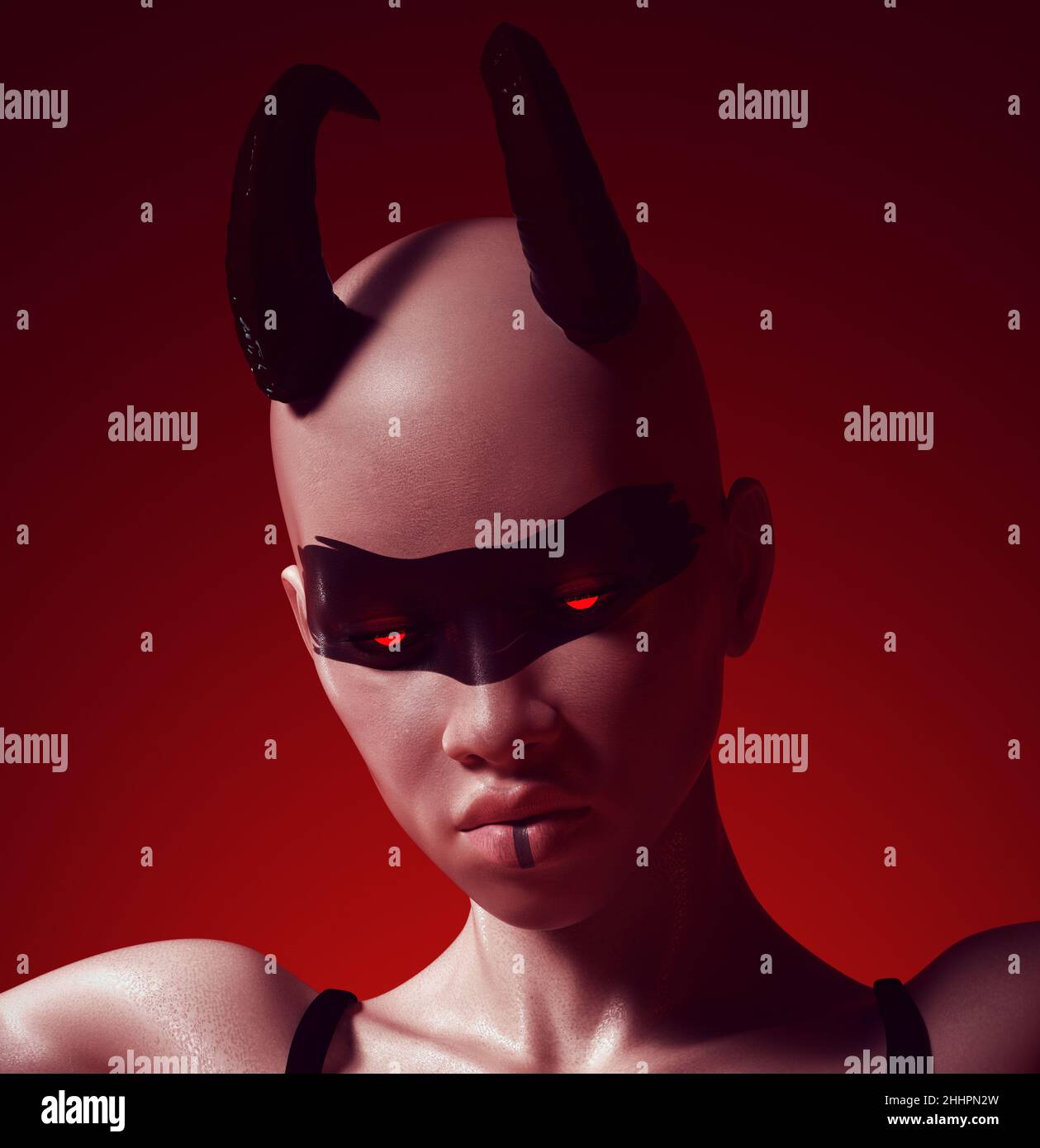 Diable femme Horned Ange tombé Femme démon Bête Noir bande visage peinture Beauté mode CG Avatar caractère 3D illustration rendu Banque D'Images