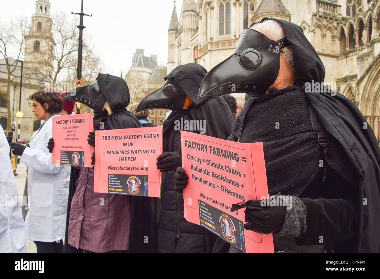 Londres, Royaume-Uni.25th janvier 2022.Les activistes portant des costumes tiennent des pancartes anti-usines agricoles pendant la manifestation.les militants des droits des animaux se sont rassemblés devant les cours royales de justice pour protester contre l'élevage industriel, alors que le groupe Scrap Factory Farming a lancé sa contestation judiciaire contre le ministère de l'Environnement,Food and Rural Affairs (DEFRA) pour avoir omis de prendre des précautions adéquates contre les risques de pandémie connus de l'élevage industriel.Crédit : SOPA Images Limited/Alamy Live News Banque D'Images