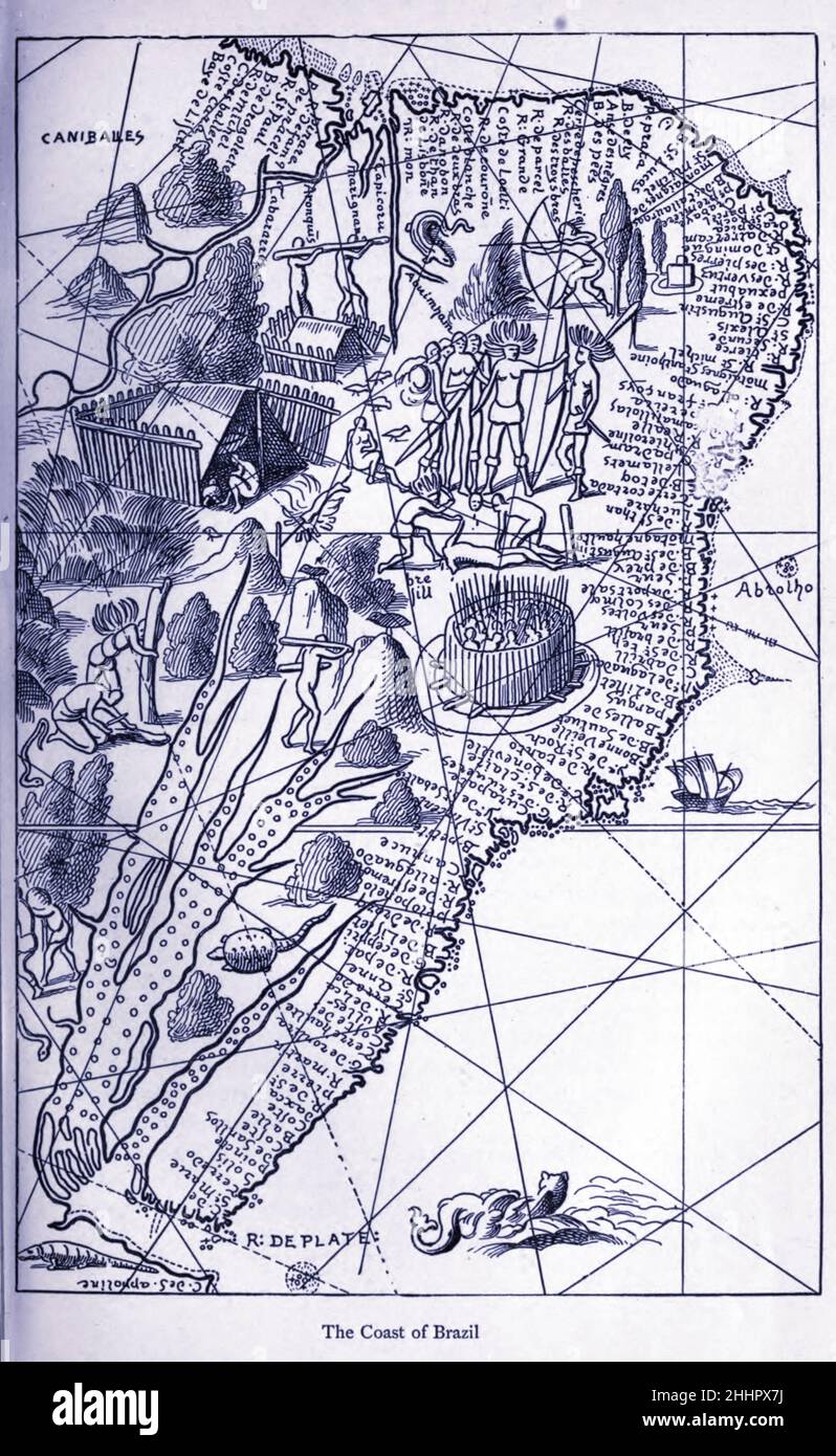 Côte du Brésil carte ancienne de l'exploration du monde, voyages et voyageurs célébrés, Voyages célébrés par Jules Verne non-fiction.Publié en trois volumes de 1878 à 1880, les voyages et voyageurs célèbres est une histoire des explorateurs et aventuriers qui ont exploré les lointaines parties du monde, découvert les merveilles des terres exotiques, et rempli les espaces vides sur la carte du monde.Avec des illustrations de L. Benet et P. Philippoteaux, Banque D'Images