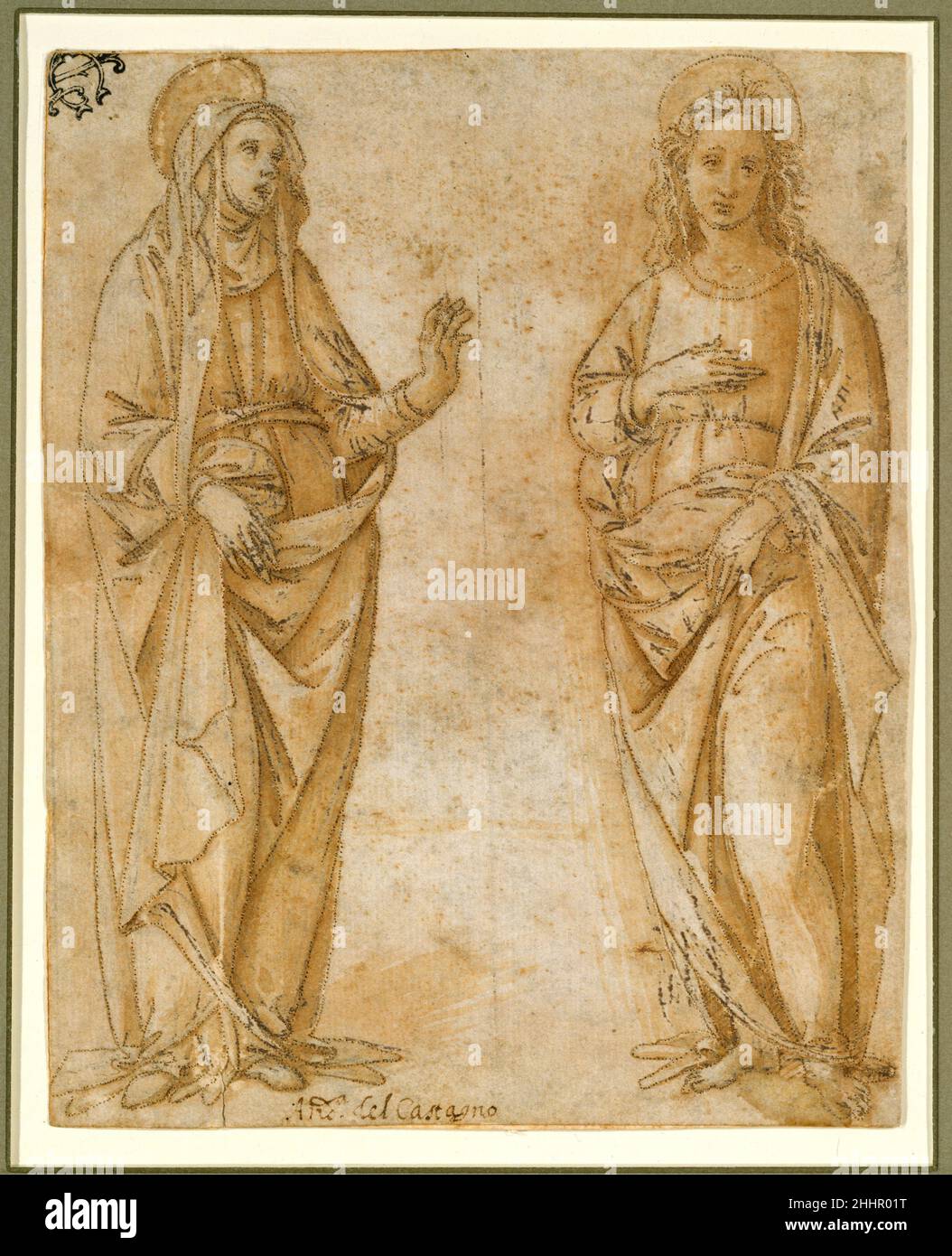 La Vierge et Saint Jean l'évangéliste vers 1500 attribué à Raffaellino del Garbo (également connu sous le nom de Raffaelle de' Capponi et Raffaelle de' Carli) Italien les trous très finement prisés sur les contours de ce dessin suggèrent qu'il peut avoir servi de dessin pour la broderie,peut-être pour le cap d'un chasuble (veston liturgique) ou d'un autel frontal.Le style de dessin ressemble à l'œuvre de l'artiste florentin Raffaelino del Garbo, qui, selon le biographe et artiste du XVIe siècle Giorgio Vasari, a réalisé des dessins pour la broderie : « [Raffaelino] a été employé par certaines religieuses et autres Banque D'Images