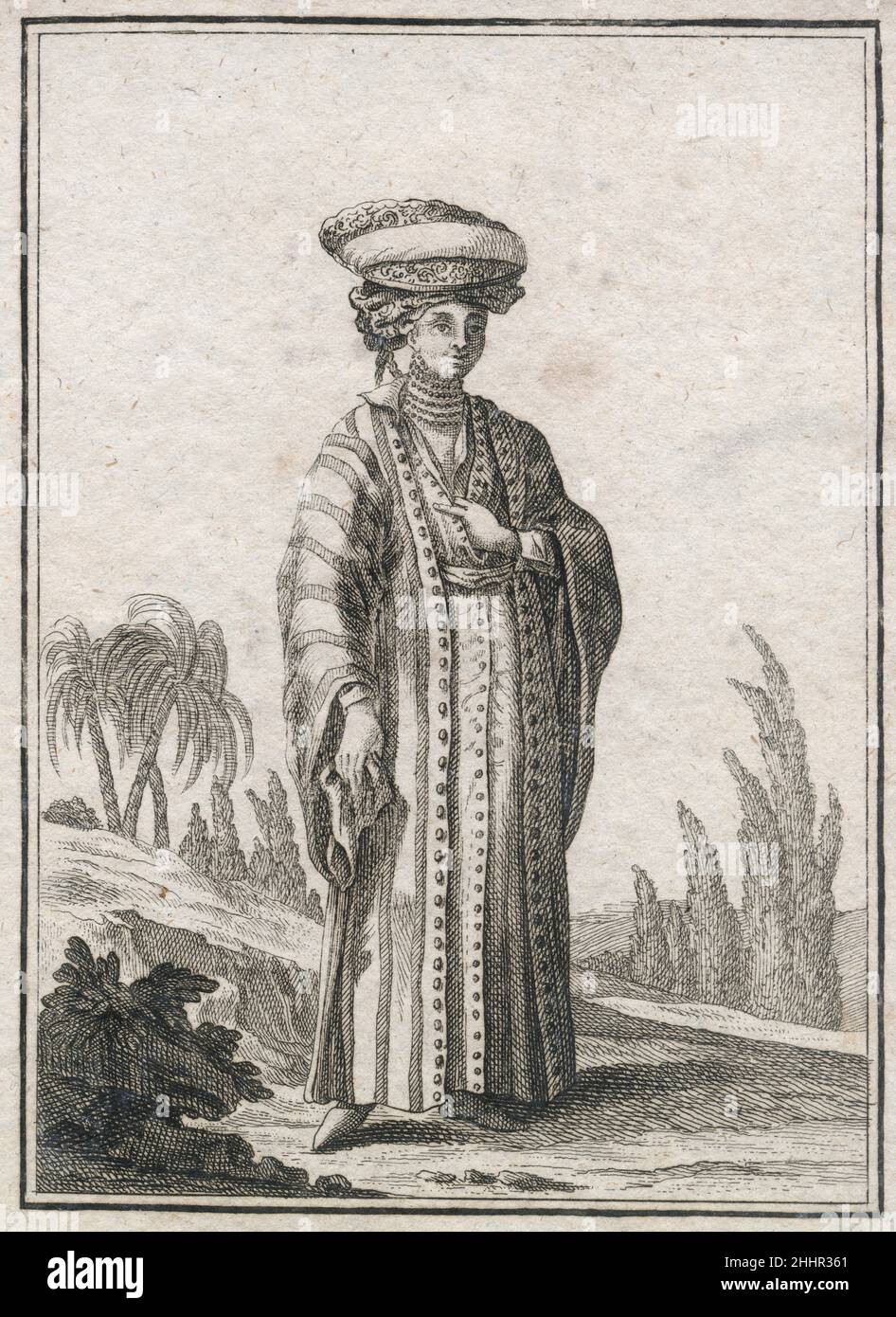 Gravure antique de 17th siècles, 'une femme de Smyrna' (Ein Frauenzimmer von Smyrna) par Johann Christoph Weigel, connu sous le nom de Christoph Weigel The Elder (1654-1725).SOURCE : GRAVURE ORIGINALE Banque D'Images