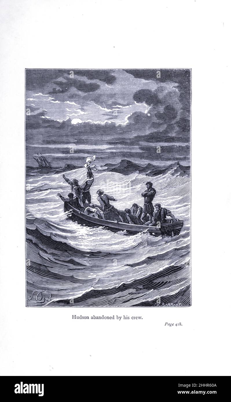 Hudson abandonné par son équipage.Henry Hudson s'est délogé par les mutinés.Après avoir passé un hiver piégé par la glace dans la baie d'Hudson actuelle, l'équipage affamé des Discovery mute contre son capitaine, le navigateur anglais Henry Hudson, et le place, son fils adolescent, et sept partisans, à la dérive dans un petit bateau ouvert.Hudson et les huit autres n'ont jamais été vus de nouveau. De l'exploration du monde, a célébré les voyages et les voyageurs, a célébré les voyages par Jules Verne non-fiction.Publié en trois volumes de 1878 à 1880, les voyages et les voyageurs célèbres sont une histoire des explorateurs et des aventuriers Banque D'Images