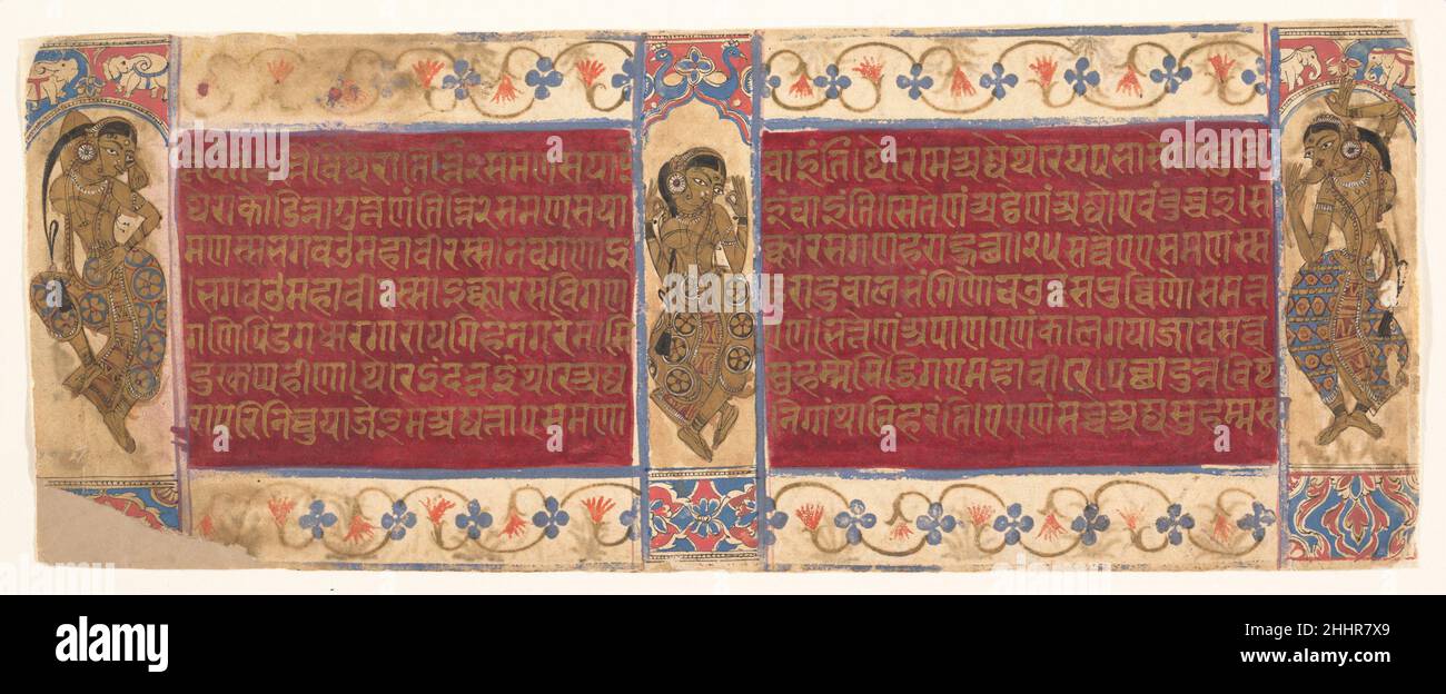 Artistes célestes : folios d'un manuscrit de Kalpasutra ca.1490 Inde (Gujarat) dans la cosmologie de Jain, le ciel de Shakra est un endroit merveilleux où les jinas résident pour l'éternité.Il est peuplé de danseurs célestes, vus ici comme de belles maidens sensuelles dans les marges du texte.Ces scènes sont reprises dans les descriptions textuelles du Kalpasutra célébrant Mahavira.Le manuscrit montre une utilisation novatrice des motifs marginaux rouge, bleu et vert qui anticipe les styles du XVIe siècle et somptueux script or sur un sol rouge.Artistes célestes : folios d'un manuscrit de Kalpasutra Banque D'Images