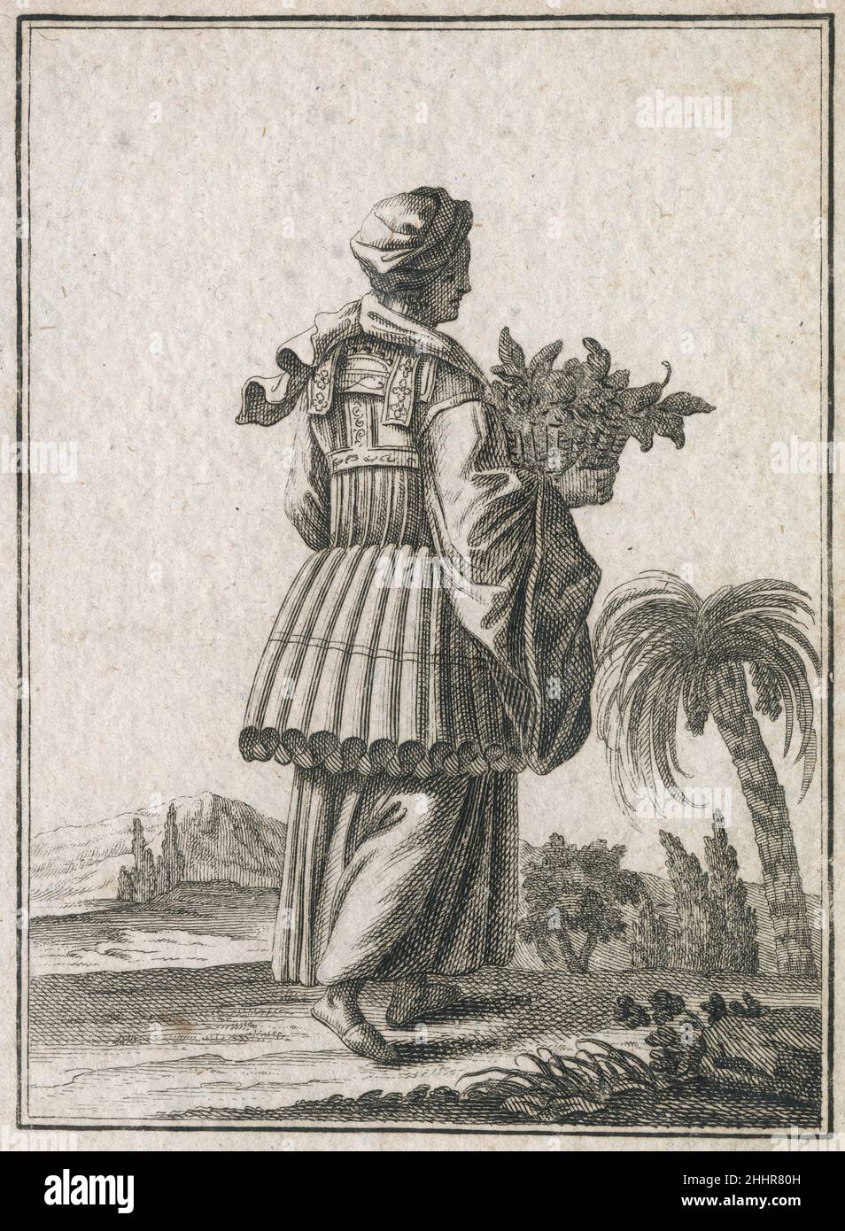 Gravure antique de 17th siècles, 'une femme de l'île d'Andros' (Eine Frauenzimmer uas der Insul Andros) par Johann Christoph Weigel, connu sous le nom de Christoph Weigel The Elder (1654-1725).SOURCE : GRAVURE ORIGINALE Banque D'Images