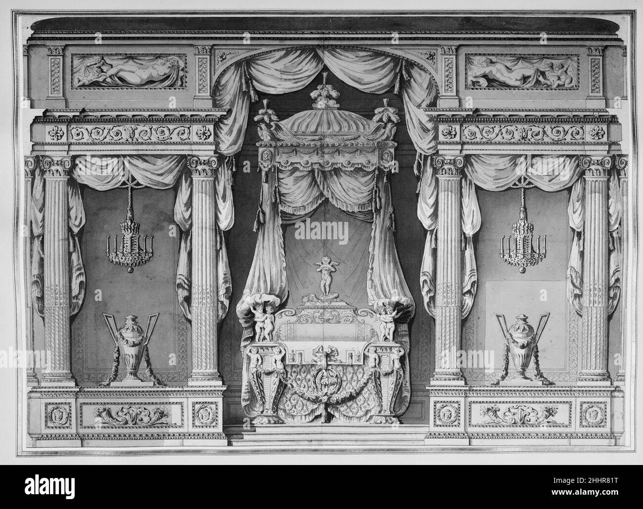 Conception pour un lit à baldaquin dans une alcôve ca.1770–90 Anonyme,  Français, 18th Century French ce dessin montre un dessin pour un grand lit  à baldaquin, placé dans une alcôve néoclassique.Ce type