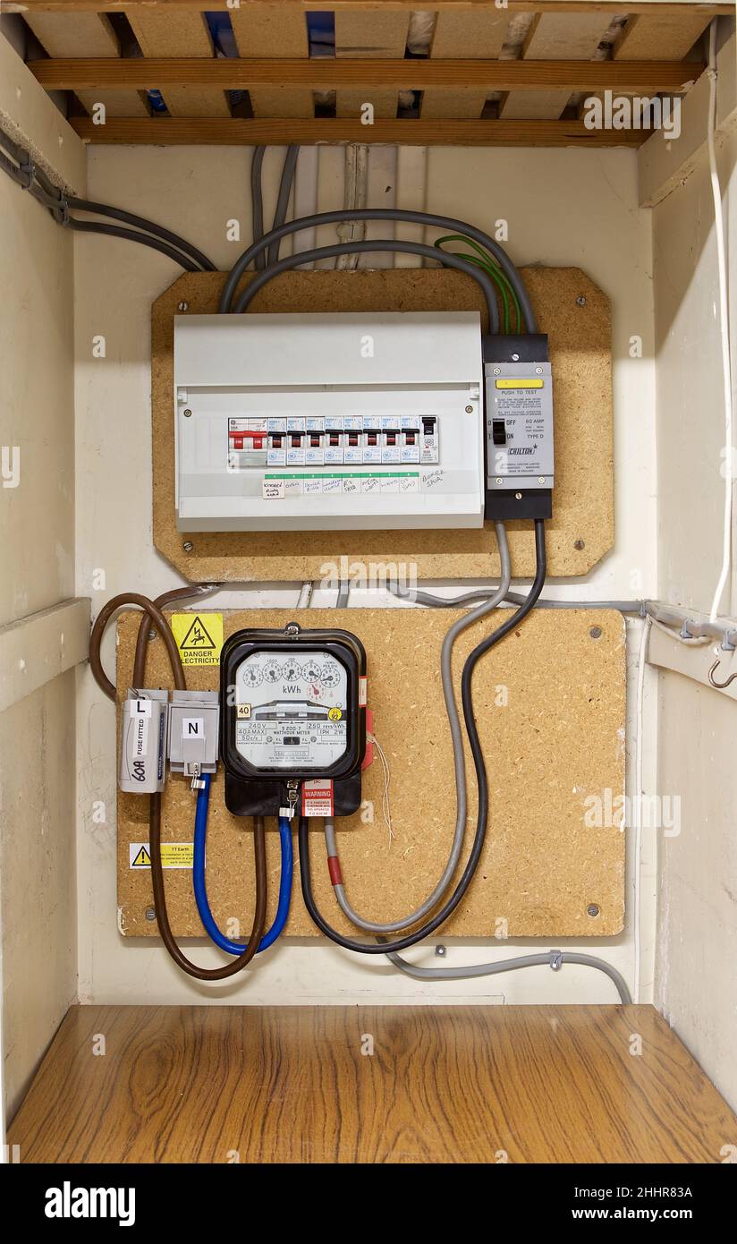 Appareil de mesure électrique analogique indiquant la quantité d'électricité/d'énergie consommée, ainsi qu'un panneau de fusibles et un commutateur d'isolation grand public. Banque D'Images