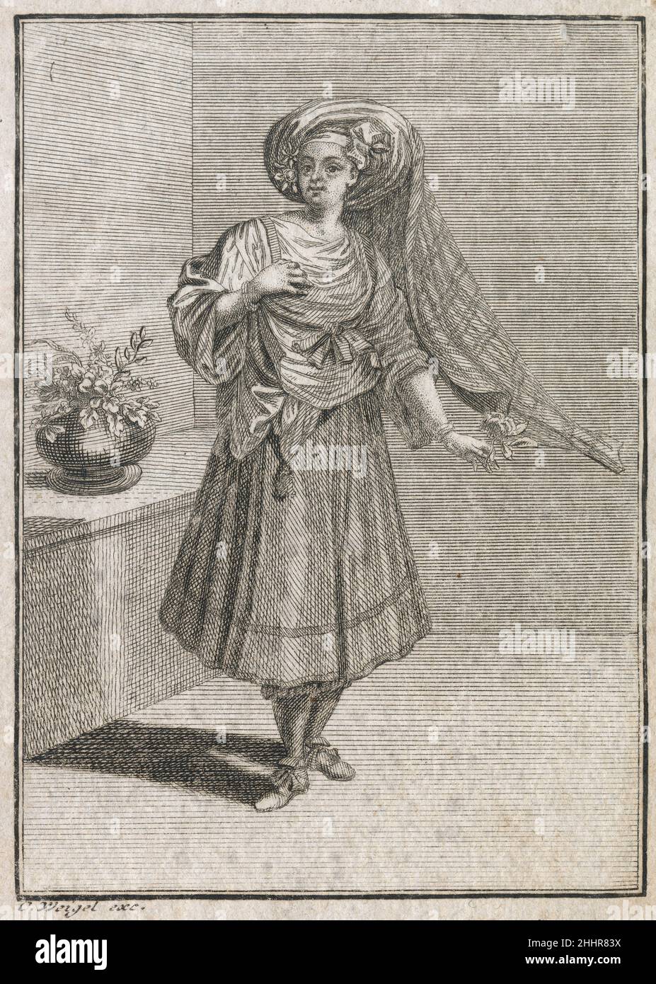 Gravure antique de 17th siècles, 'une jeune fille de l'île de Chios' (Eine Jungfer aus der Insul Chio) par Johann Christoph Weigel, connu sous le nom de Christoph Weigel The Elder (1654-1725).SOURCE : GRAVURE ORIGINALE Banque D'Images