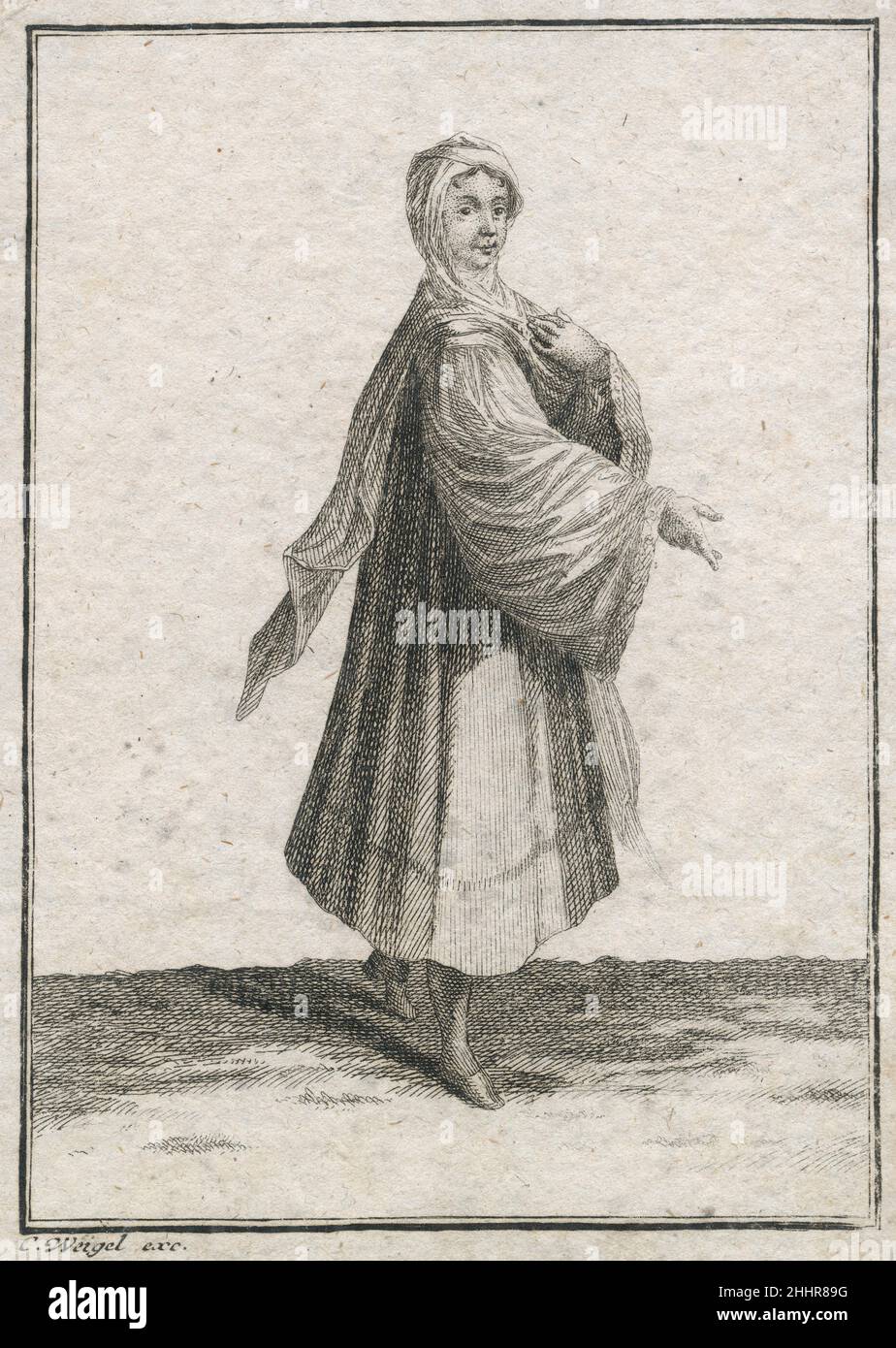 Gravure antique de 17th siècles, 'une jeune fille de l'île de Tinos' (Eine Jungfer aus der Insul Tine) par Johann Christoph Weigel, connu sous le nom de Christoph Weigel The Elder (1654-1725).SOURCE : GRAVURE ORIGINALE Banque D'Images