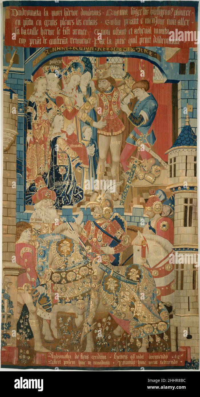Andromache et Priam exhortant Hector à ne pas aller à la guerre (à partir de scènes de l'histoire de la guerre de Troie) ca.1470–90 probablement produit par Pasquier Grenier de Tournai Burgundian.Andromache et Priam exhortant Hector à ne pas aller à la guerre (à partir de scènes de l'histoire de la guerre de Troie).Probablement produit par Pasquier Grenier de Tournai (bourguignon, mort en 1493).Pays-Bas du Sud ca.1470–90.Laine Warp, laine se déforme avec quelques charpons de soie..Fabriqué à Tournai, pays-Bas du Sud.Textiles-tapisseries Banque D'Images