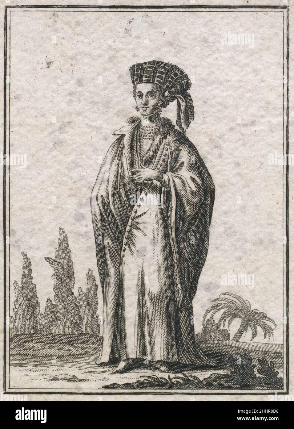 Gravure antique de 17th siècles, 'une femme de l'île de Chypre' (Ein Frauenzimmer aus der Insul Cypern) par Johann Christoph Weigel, connu sous le nom de Christoph Weigel The Elder (1654-1725).SOURCE : GRAVURE ORIGINALE Banque D'Images