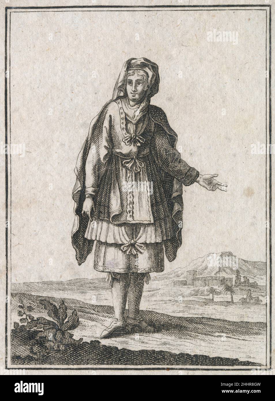 Gravure antique de 17th siècles, 'une femme de l'île de Mykonos' (Ein Frauenzimmer aus der Insul Mycone) par Johann Christoph Weigel, connu sous le nom de Christoph Weigel The Elder (1654-1725).SOURCE : GRAVURE ORIGINALE Banque D'Images