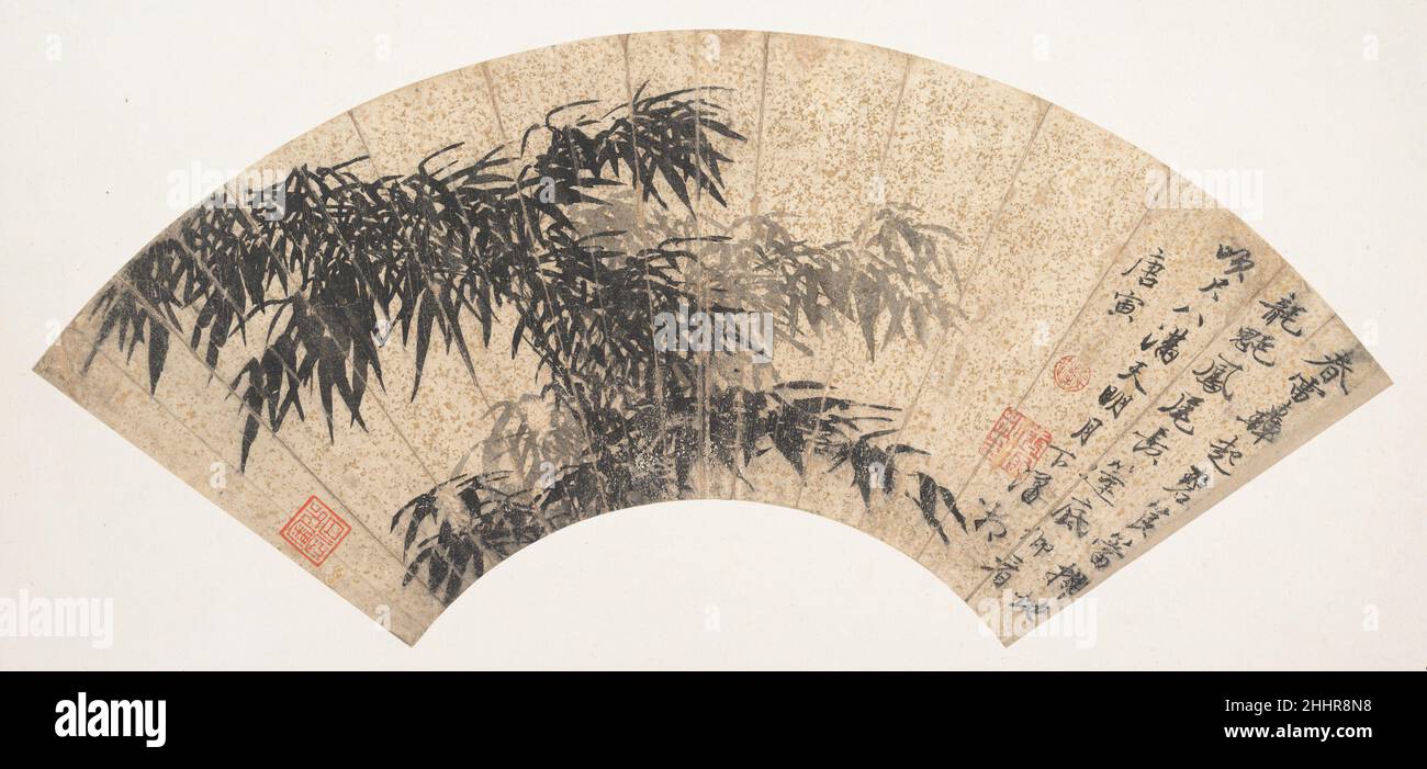 Bambou dans une tempête de printemps début 16th siècle Tang Yin chinois Tang Yin peint une variété de bambou appelé “queue de phoenix”; dense et à plumes, il se plie avec élégance comme le long plumage de l'oiseau légendaire.Le poème qui l'accompagne contraste le chaos d'une tempête assourdissante avec la tranquillité de ses séquelles : le rugissement du tonnerre de printemps éveille le bambou vert, les whiskers de dragon balaient le sol, ainsi que les longues queues de phoenix.En regardant depuis l'auvent du bateau, je joue la flûte, Une lune brillante, remplissant le ciel, brille dans les rivières Xiao et Xiang.Bambou dans un orage de printemps 44573 Banque D'Images