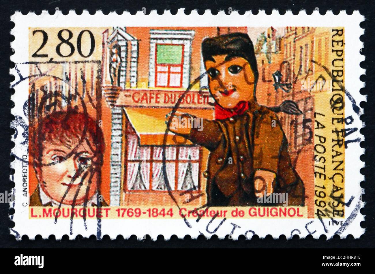 FRANCE - VERS 1994 : un timbre imprimé en France montre Laurent Mourguet, créateur de Puppet, Guignol, vers 1994 Banque D'Images